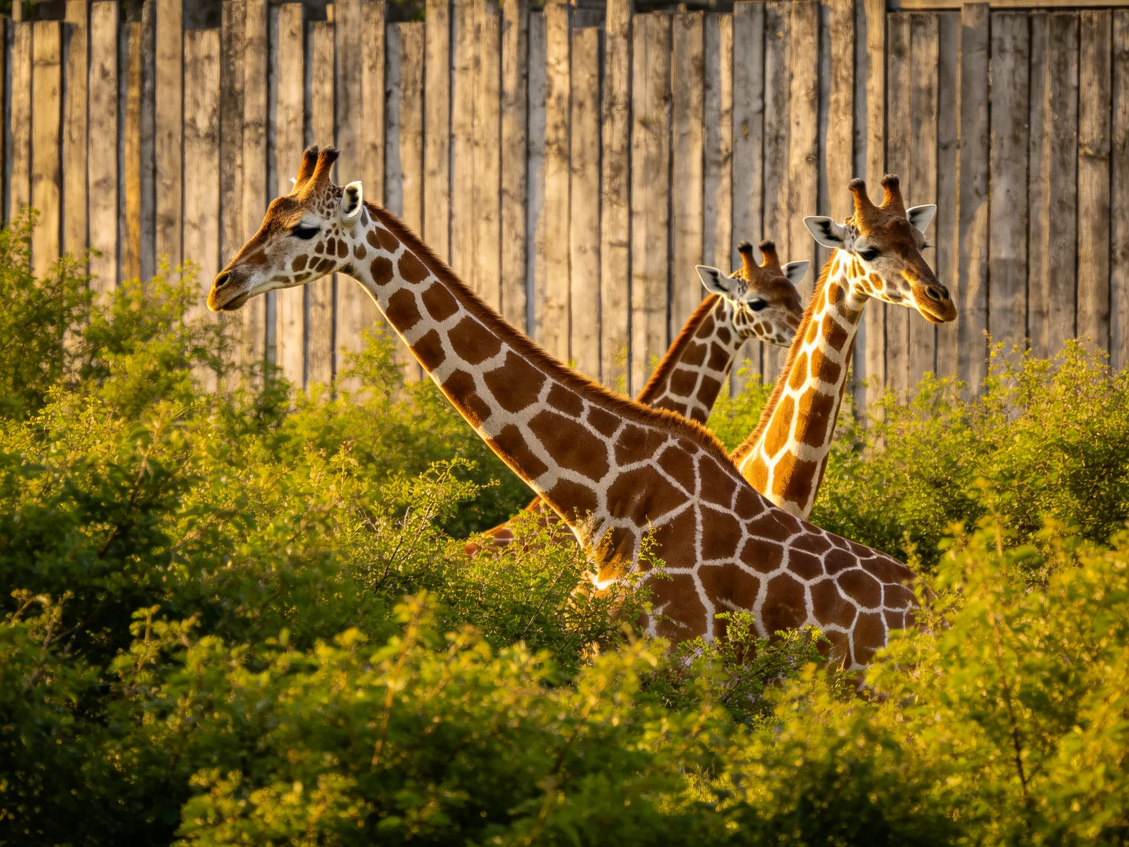 Three giraffes with brown patchy coats near lush greenery and weathered wood