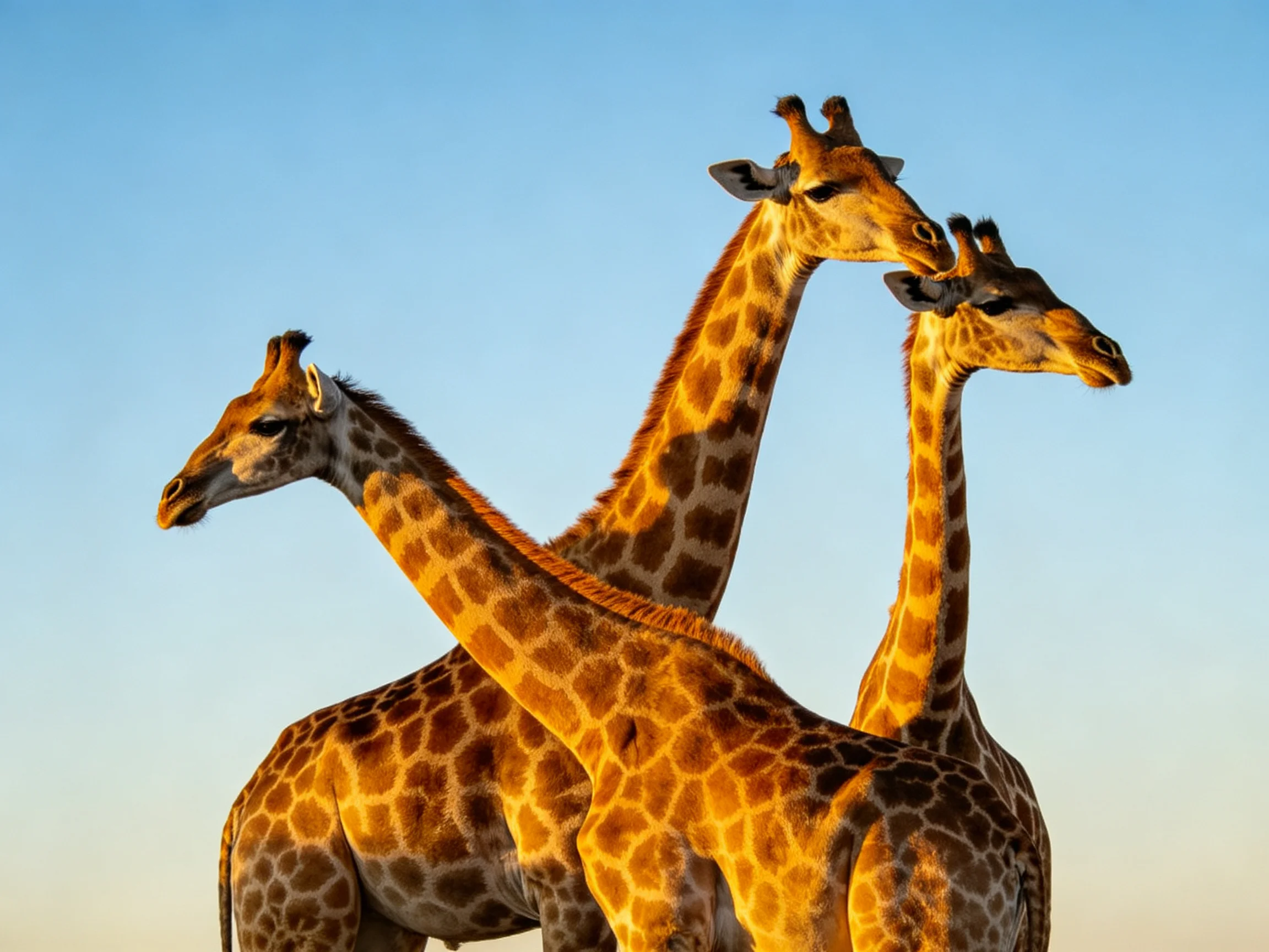 Three giraffes with brown-spotted coats gather under a clear blue sky
