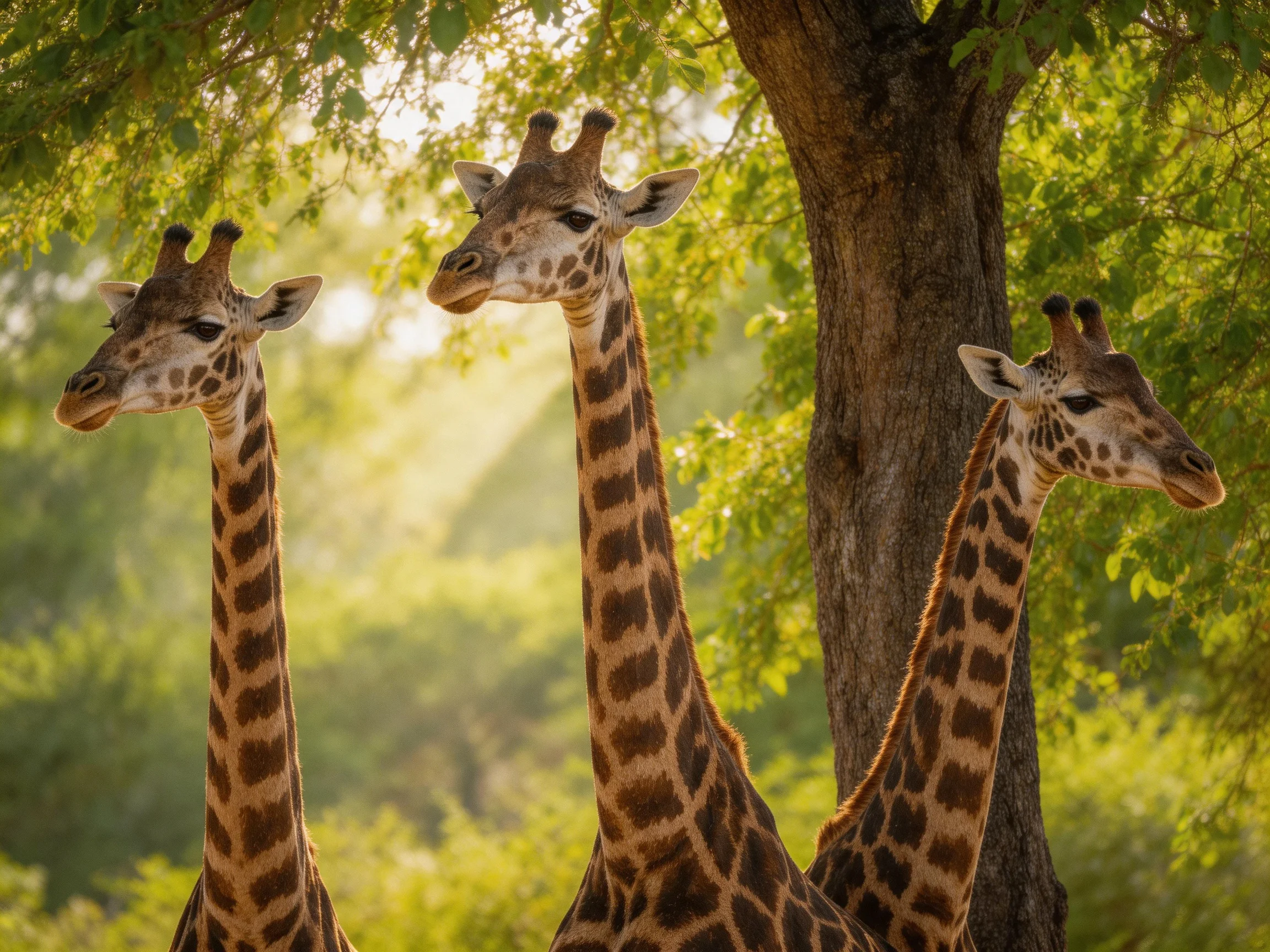Three giraffes with brown-spotted coats near a large tree in green foliage