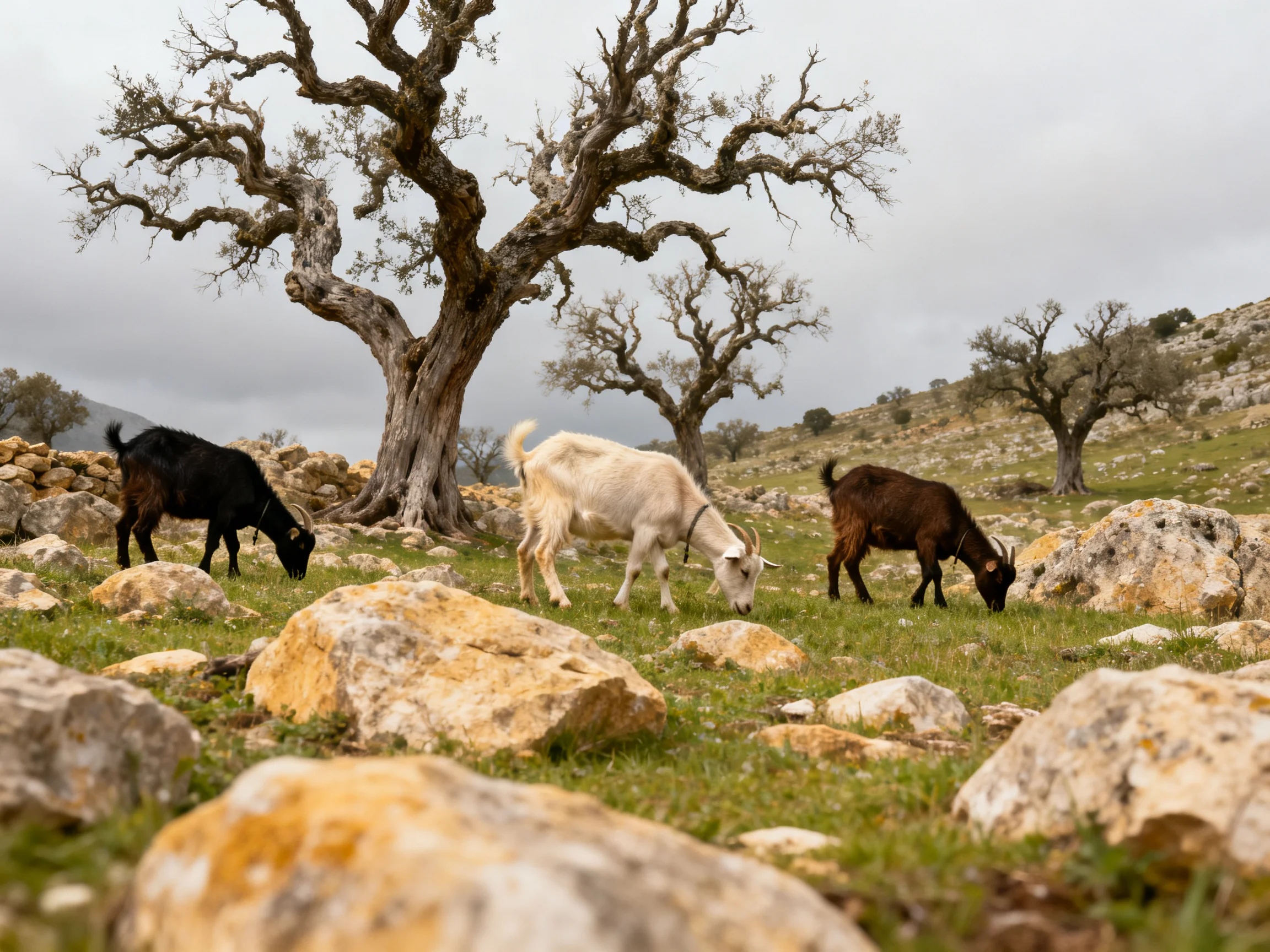 Three goats graze in a rocky field with ancient trees.