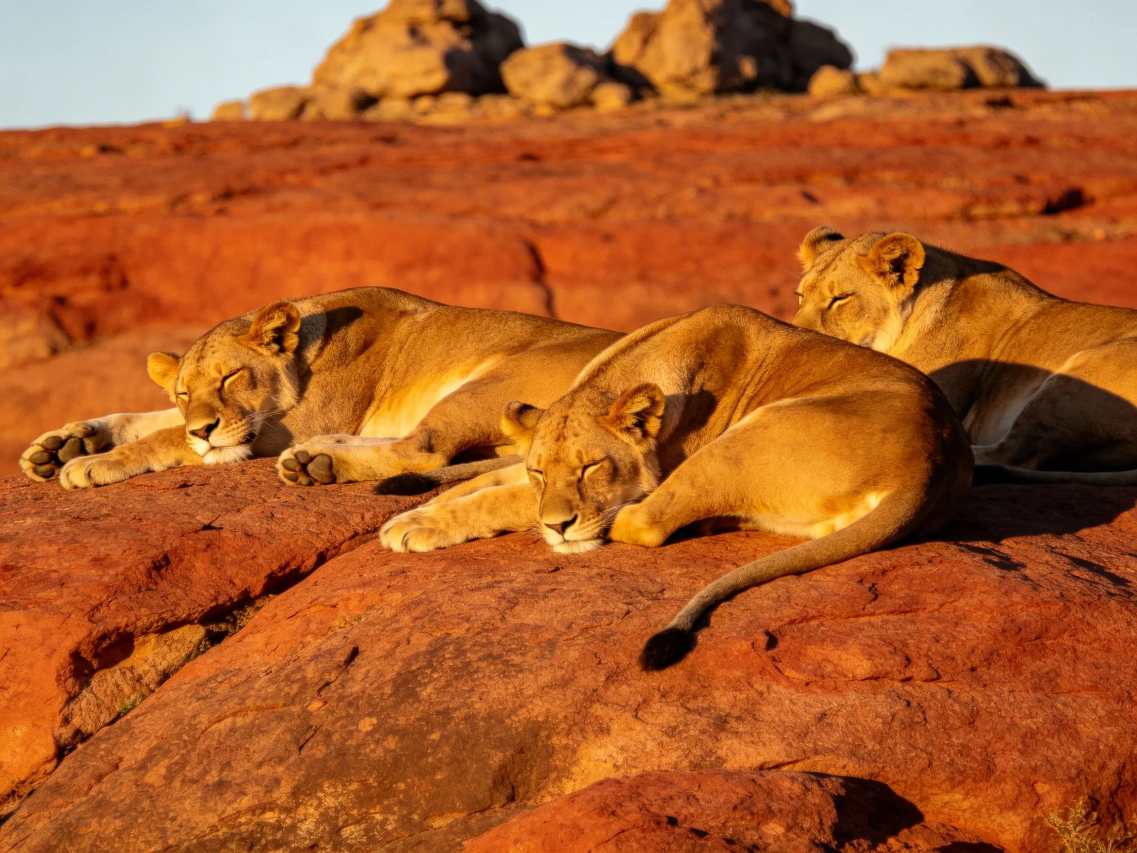 Three lionesses sleep on reddish rocks in a sunlit natural setting.