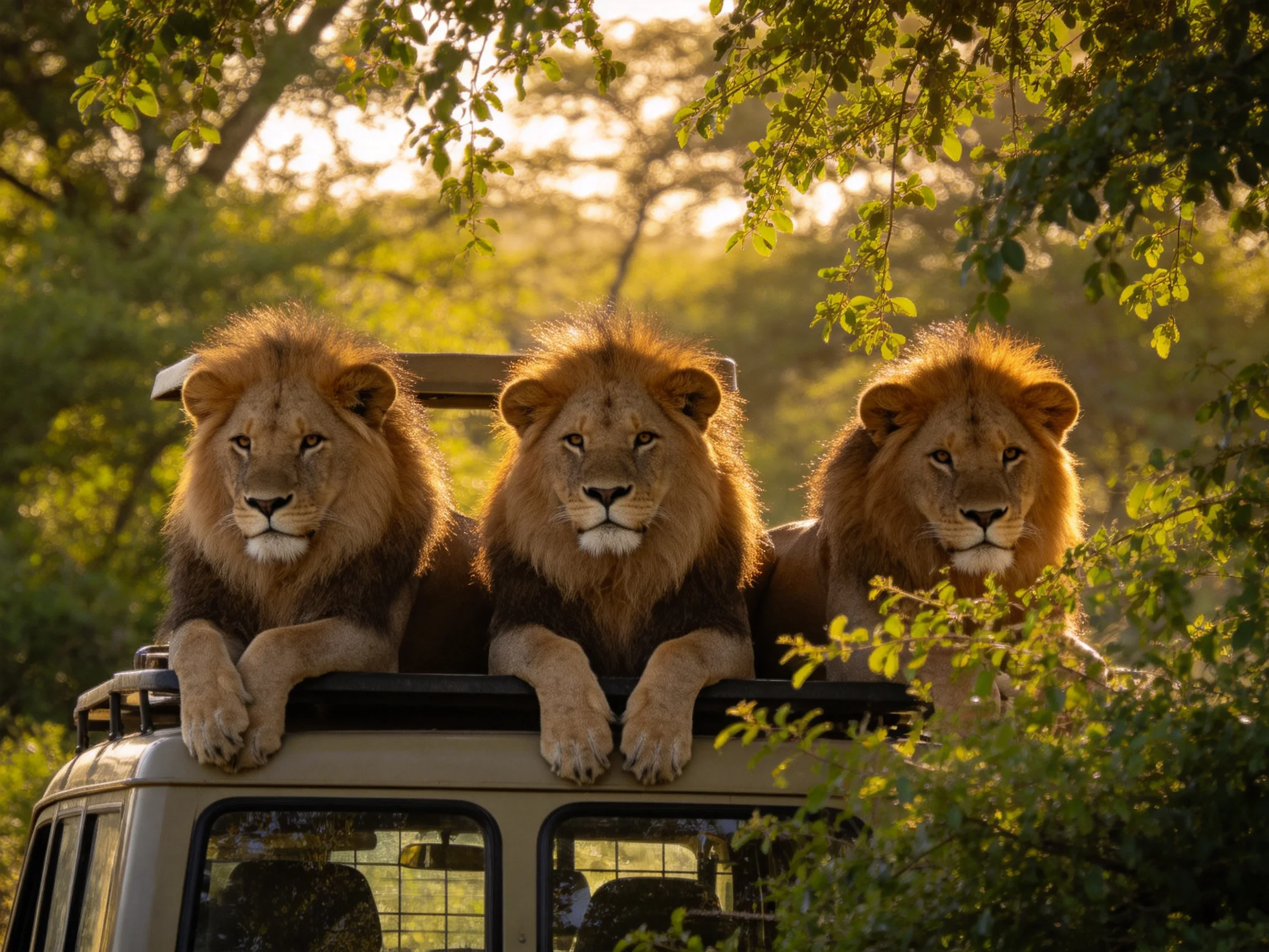 Three golden lions rest atop an open safari vehicle amid lush greenery
