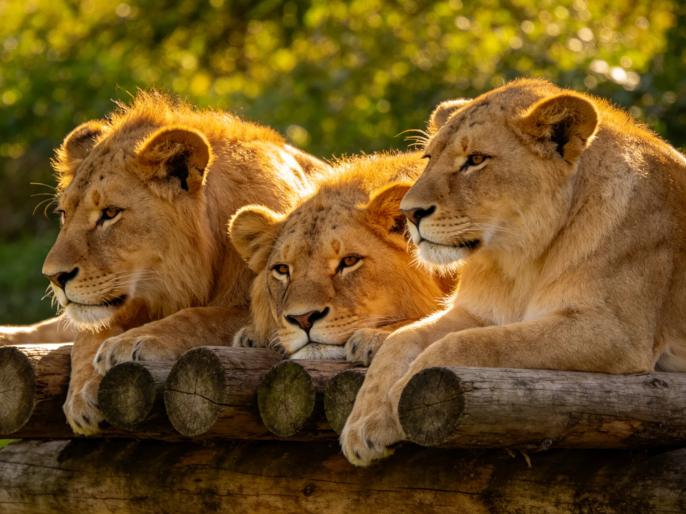 Three golden lions rest on weathered wooden logs in soft sunlight