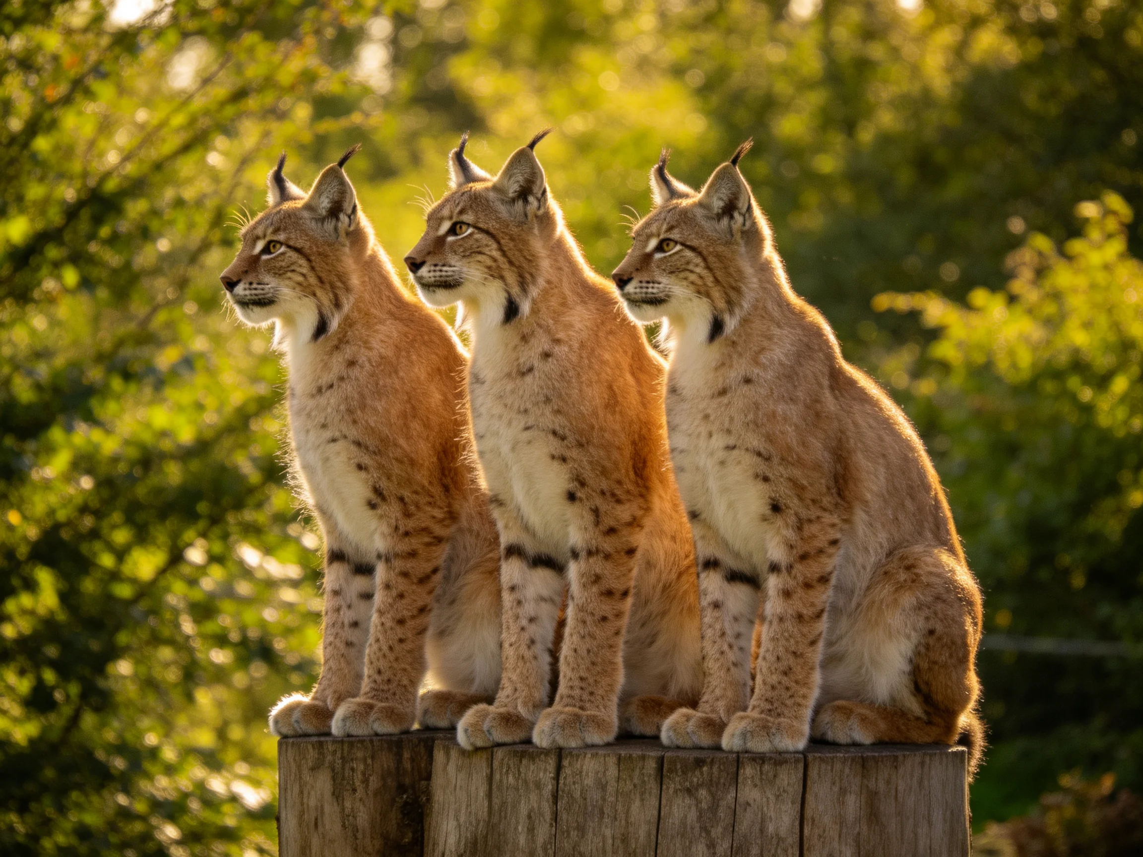 Three golden lynx cubs sitting on a wooden post outdoors
