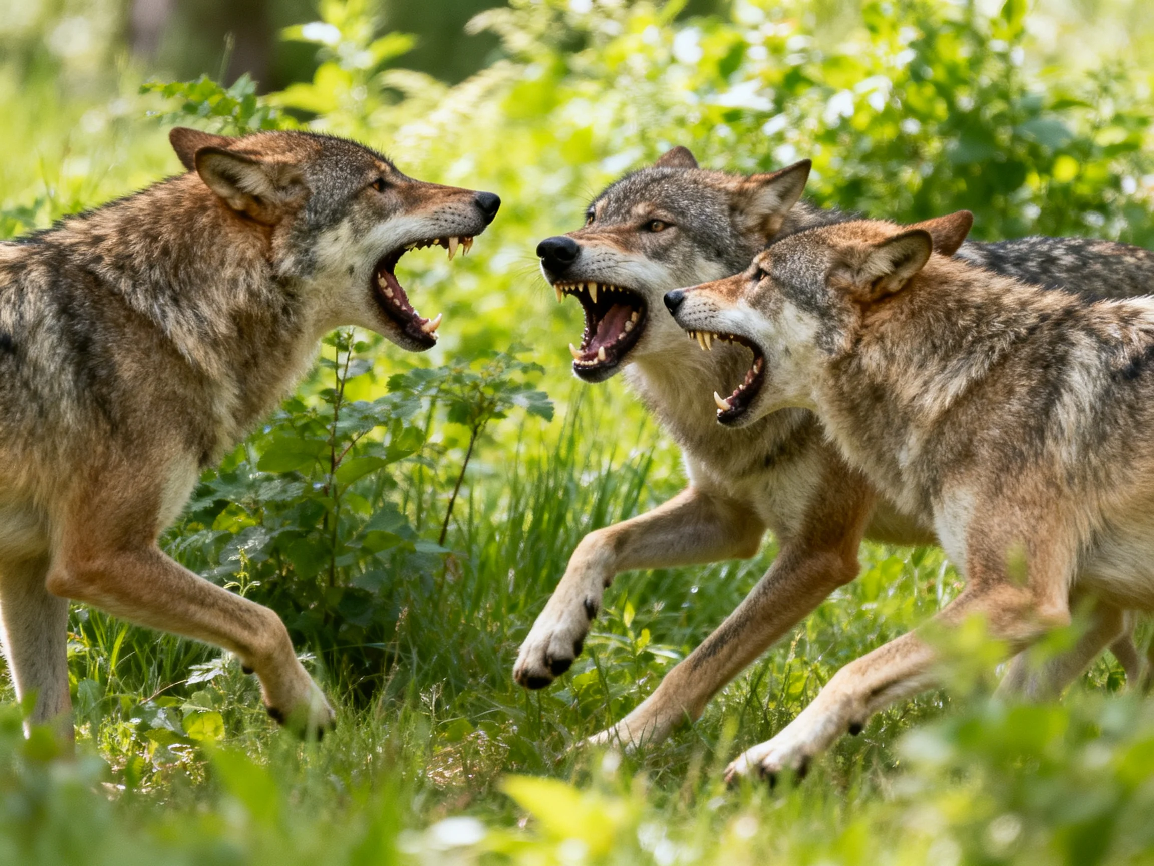 Three gray-brown wolves snarling amid dense green foliage