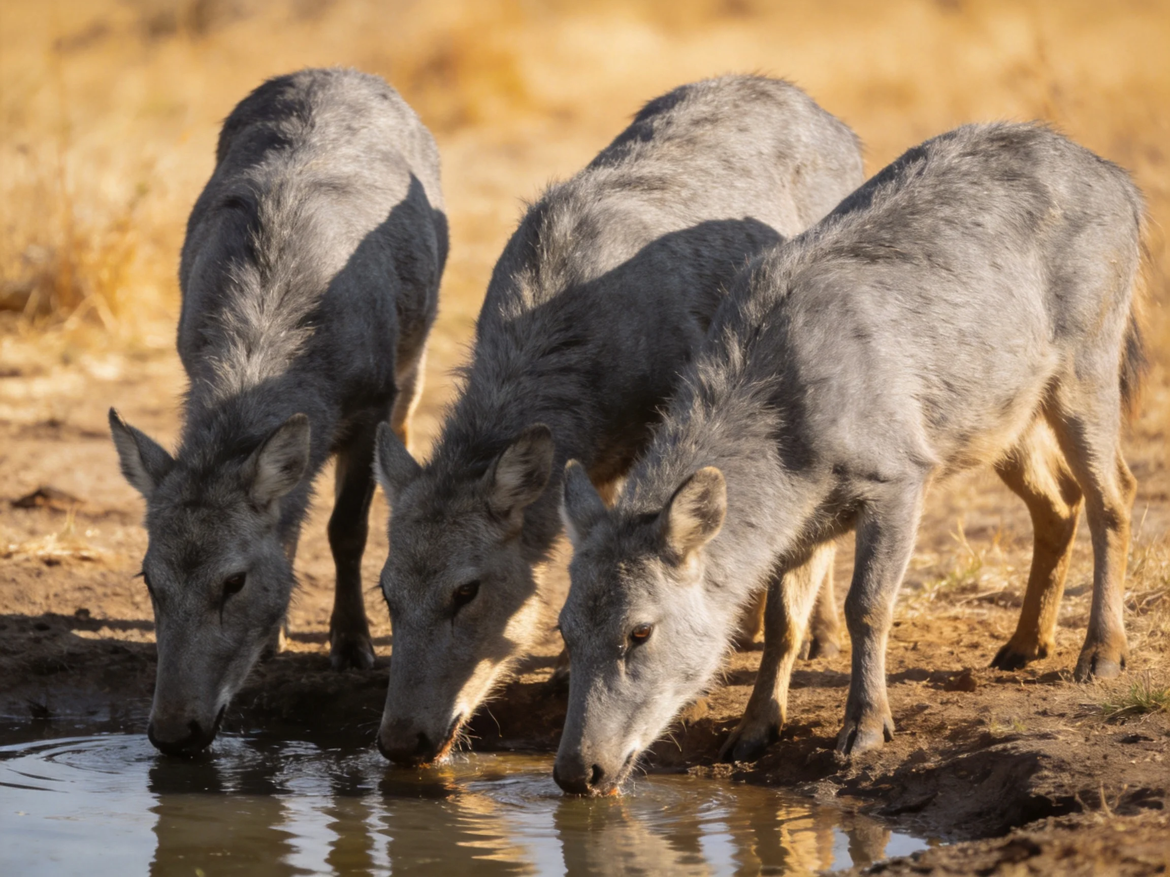 Three gray canids drink from a small waterhole in dry terrain