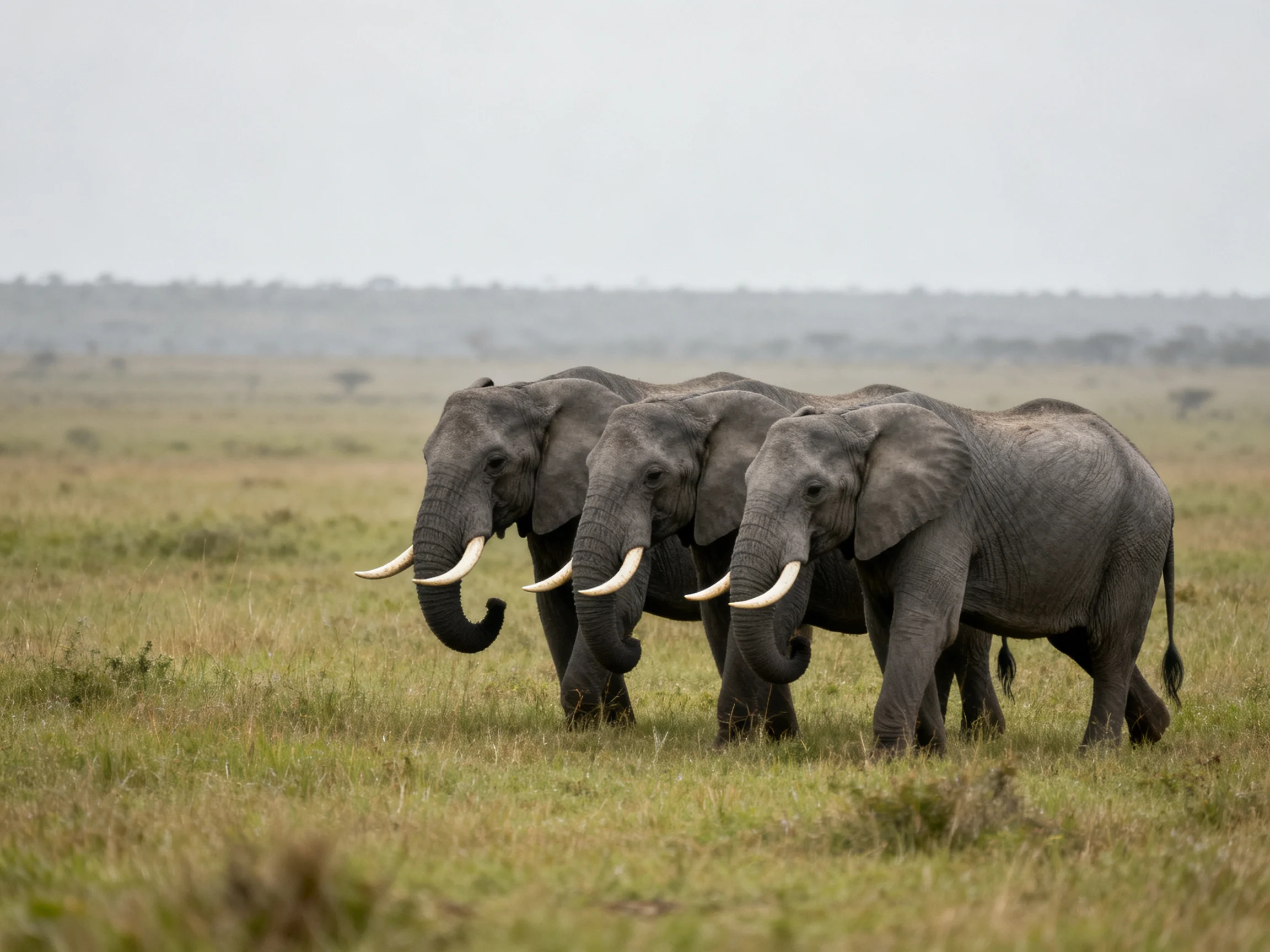Three gray elephants journeying across a vast savannah landscape