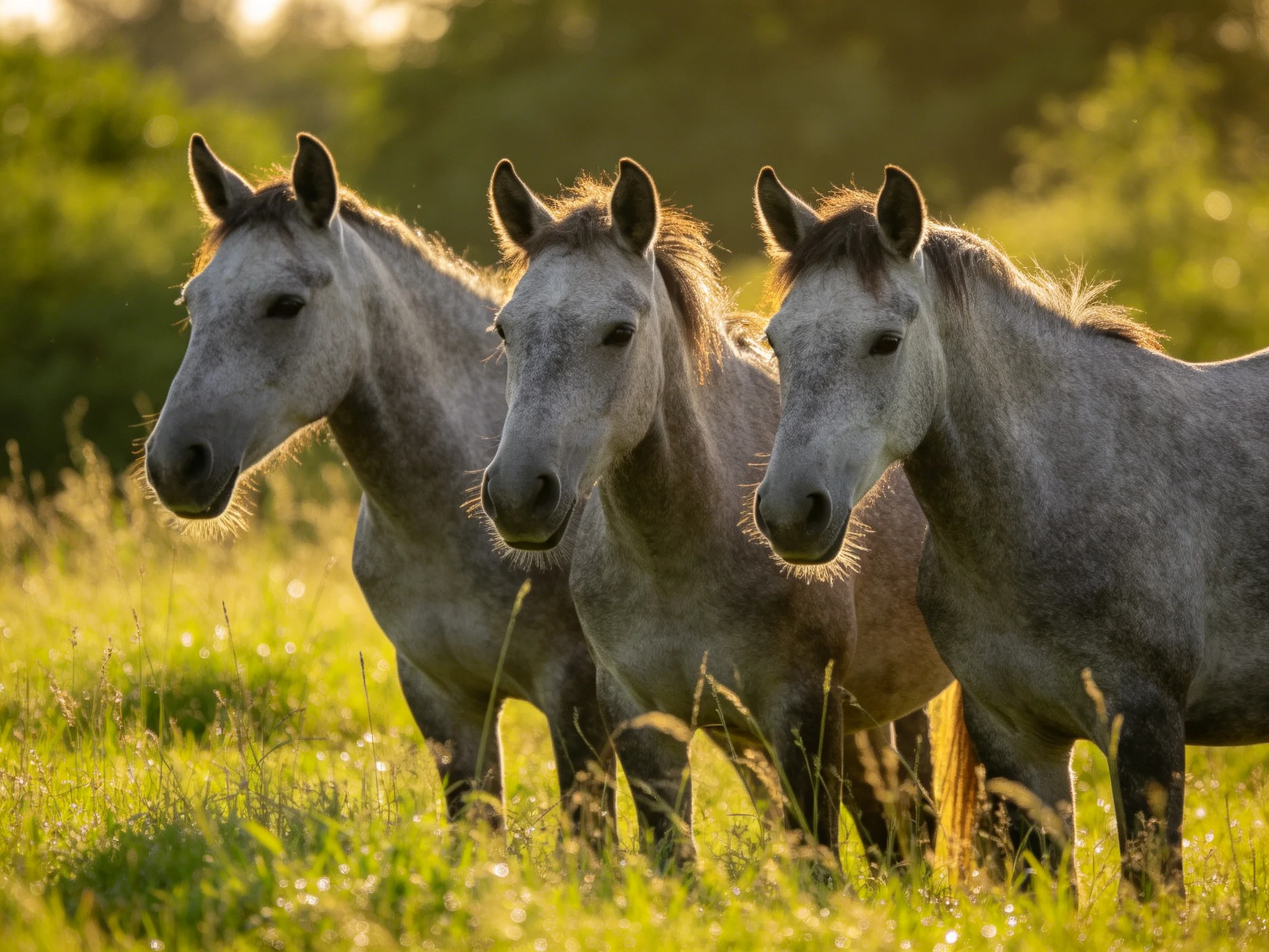 Three gray horses stand together in a sunlit meadow