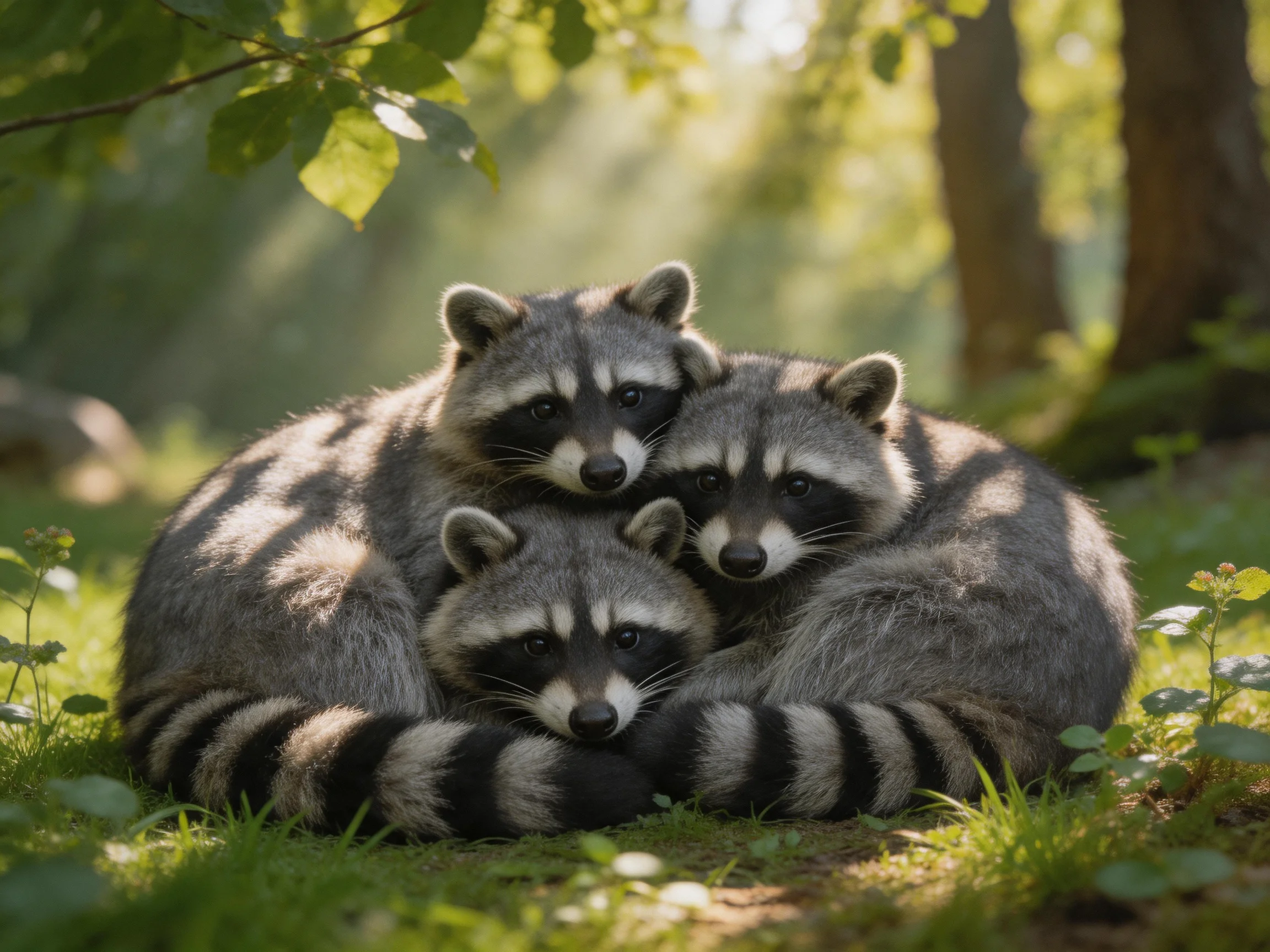 Three gray raccoons huddle together in a sun-dappled forest clearing