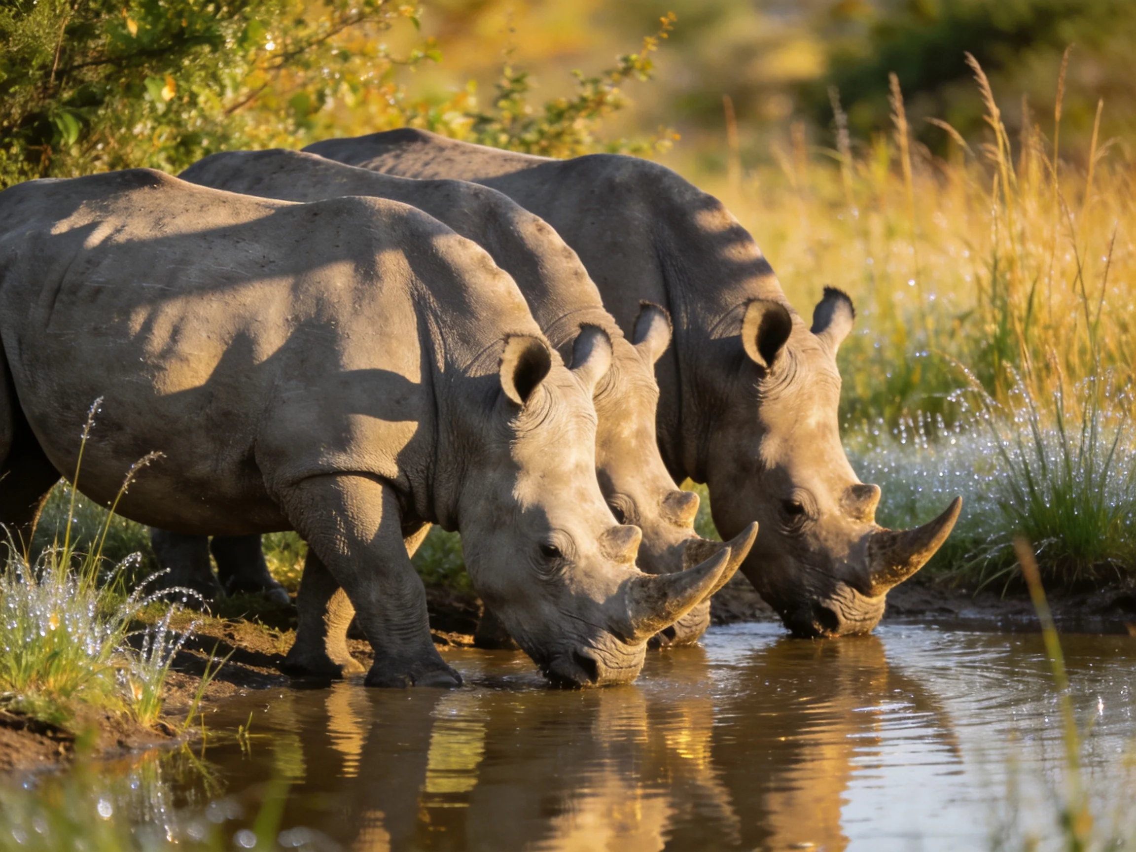 Three gray rhinos drink at a serene waterhole in golden grassland