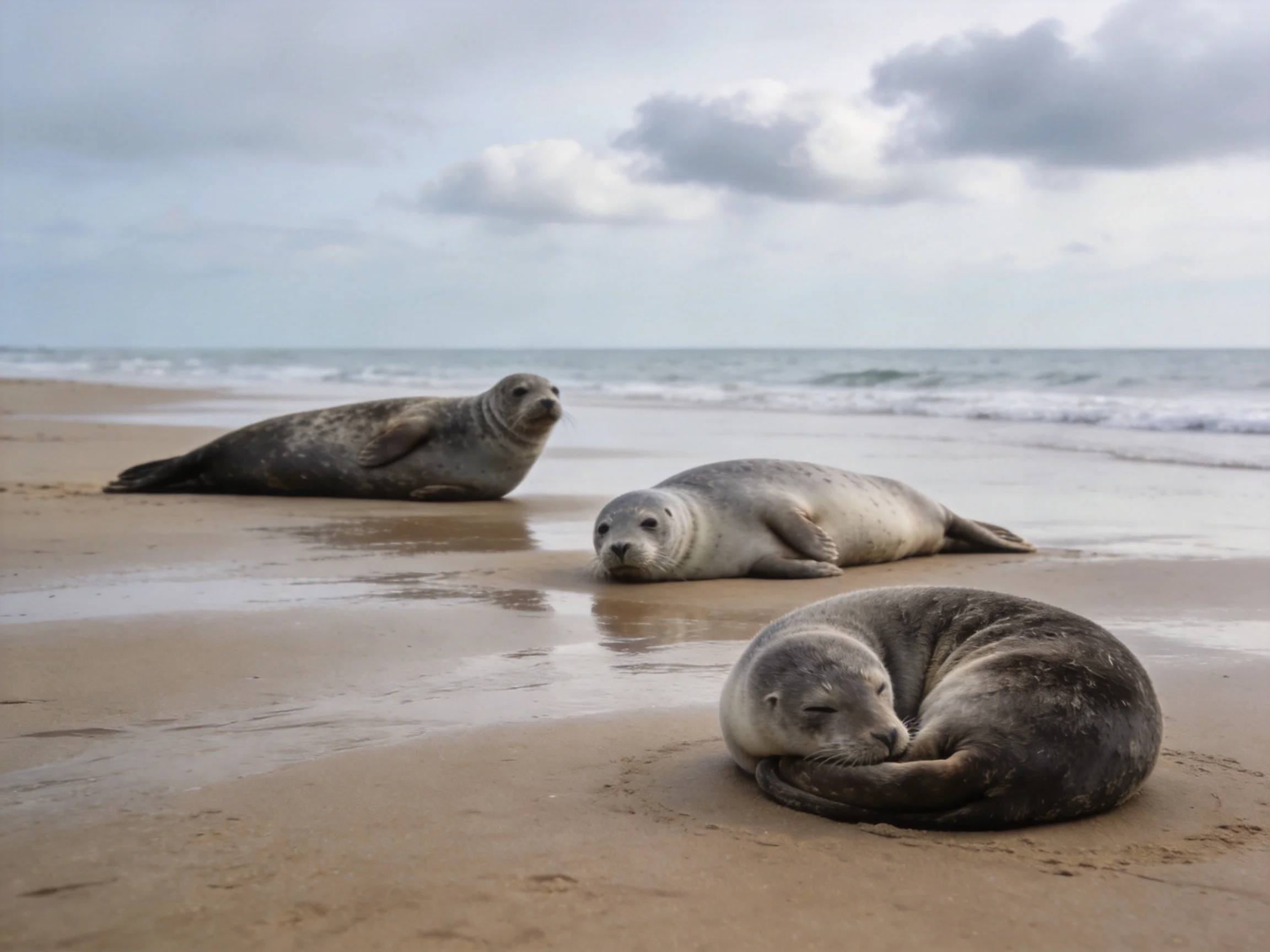 Three gray seals rest on a sandy beach near the ocean