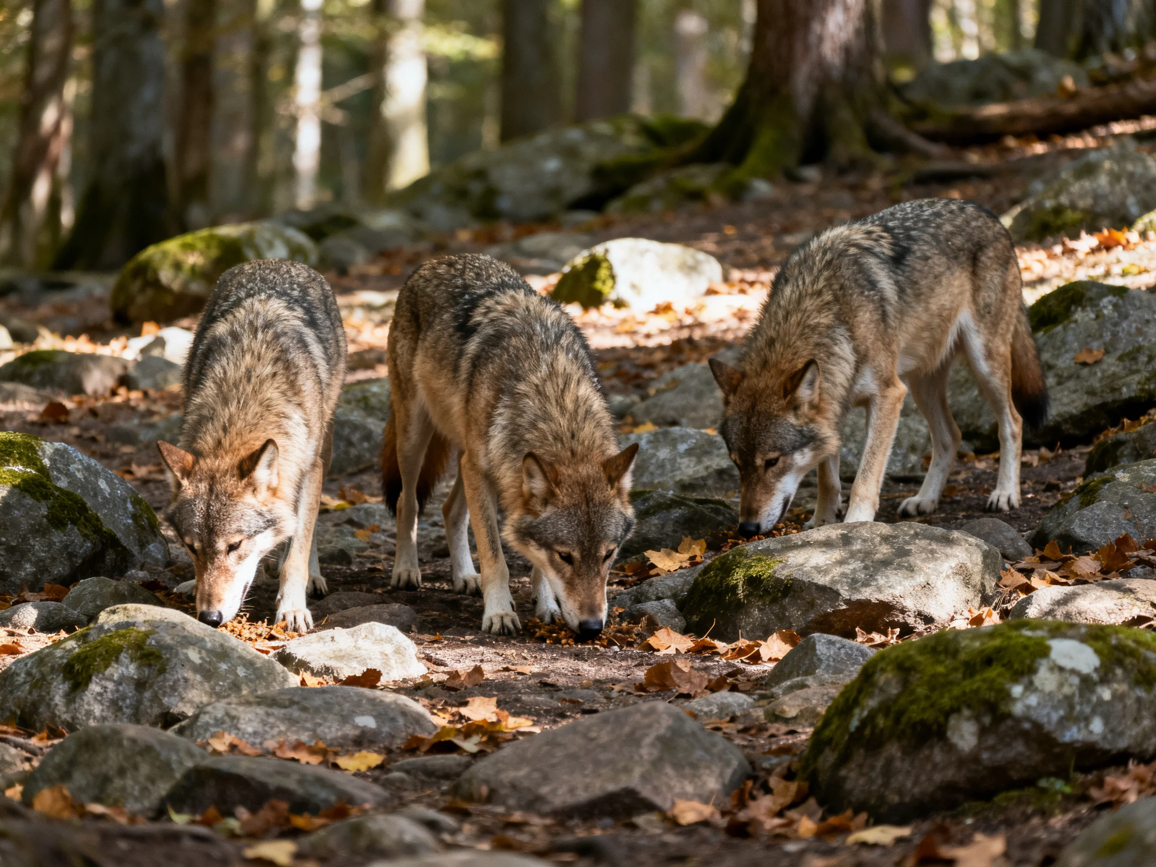 Three gray wolves foraging among mossy rocks in a sunlit forest