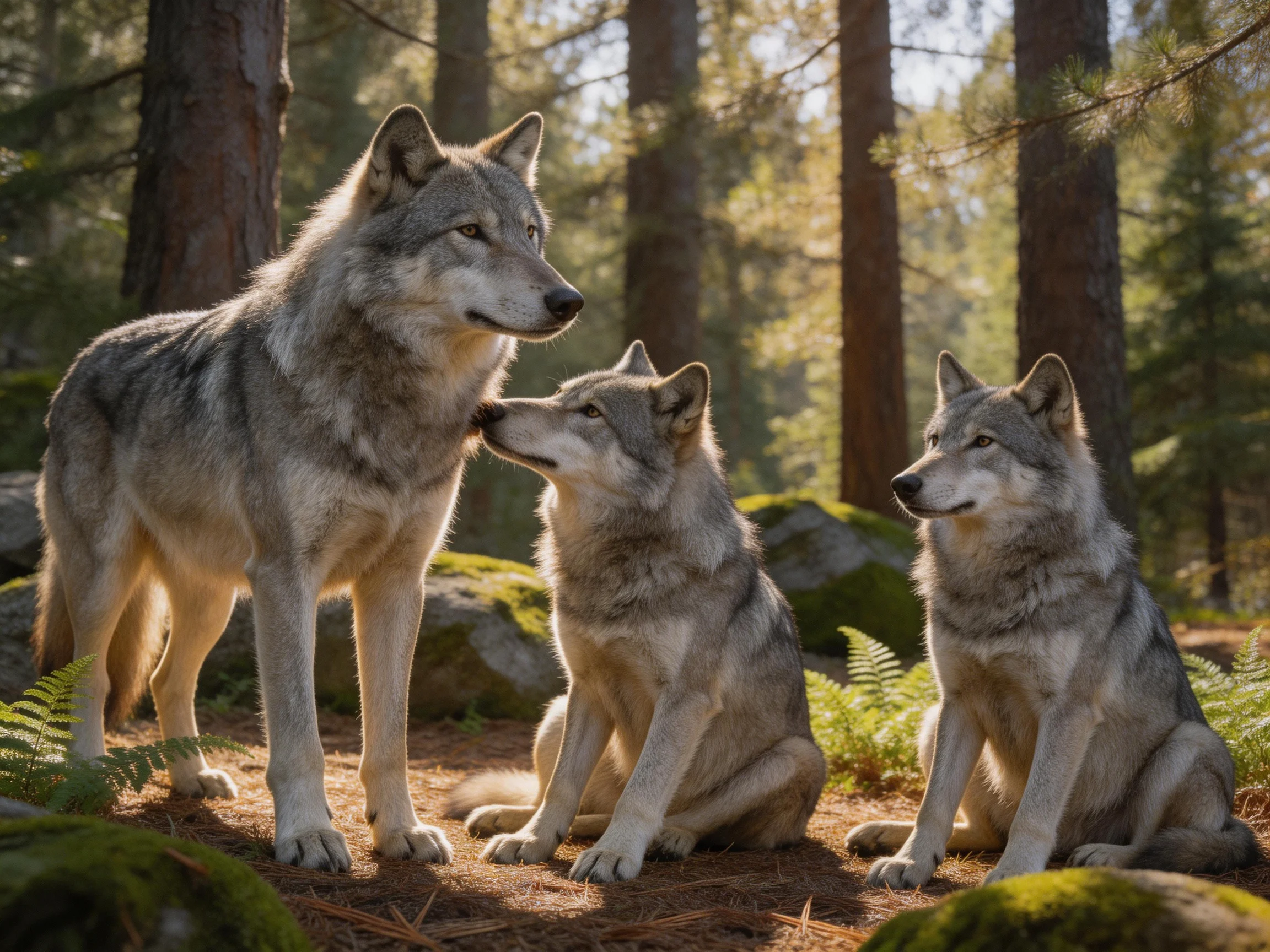 Three gray wolves gather in a sun-dappled forest clearing