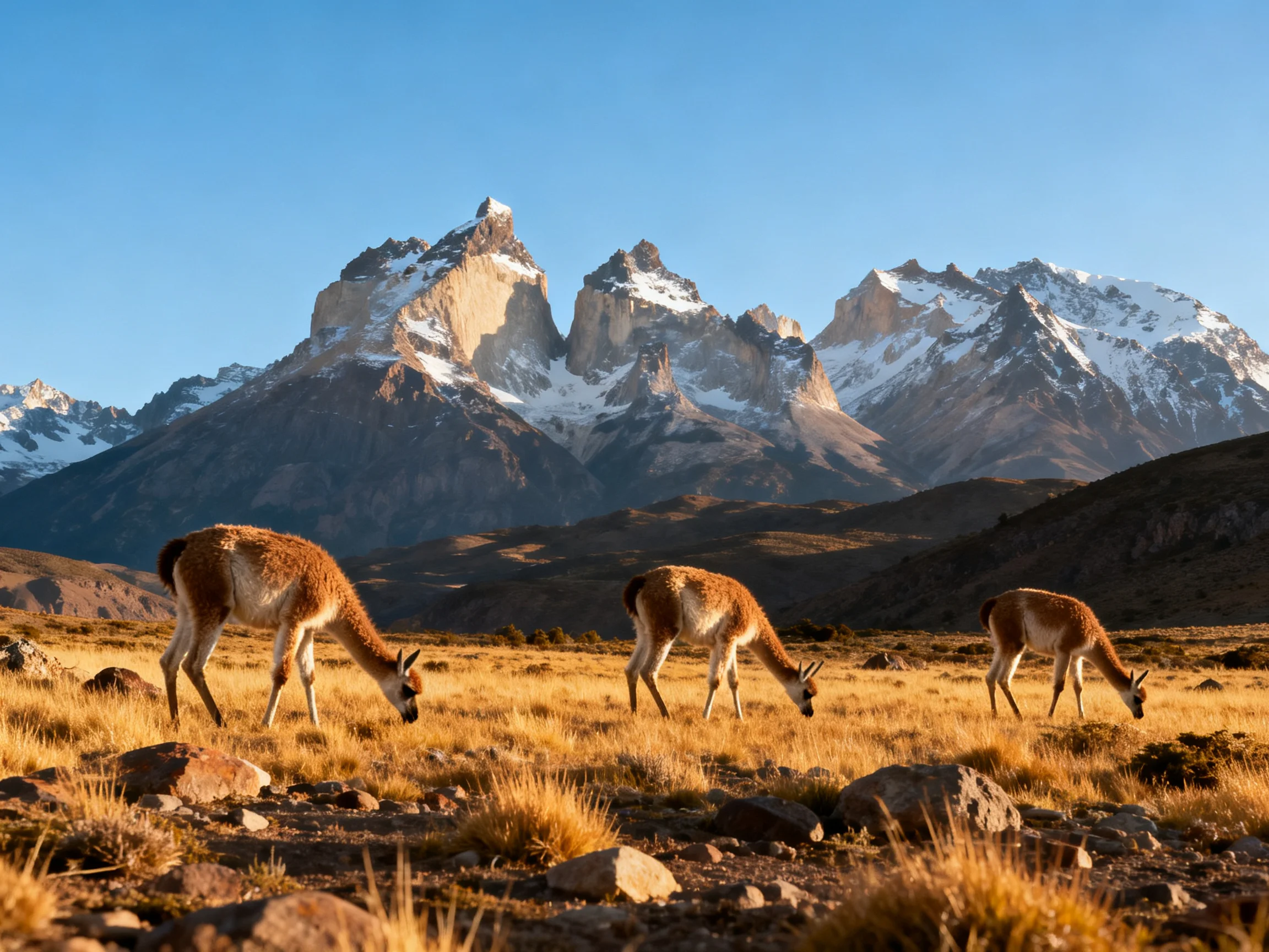 Three guanacos graze in a golden field with towering snow-capped mountains.