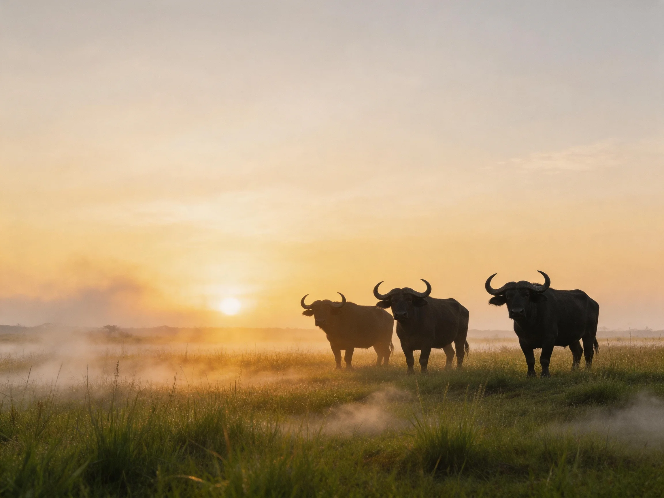Three horned buffalo in a misty meadow at sunrise