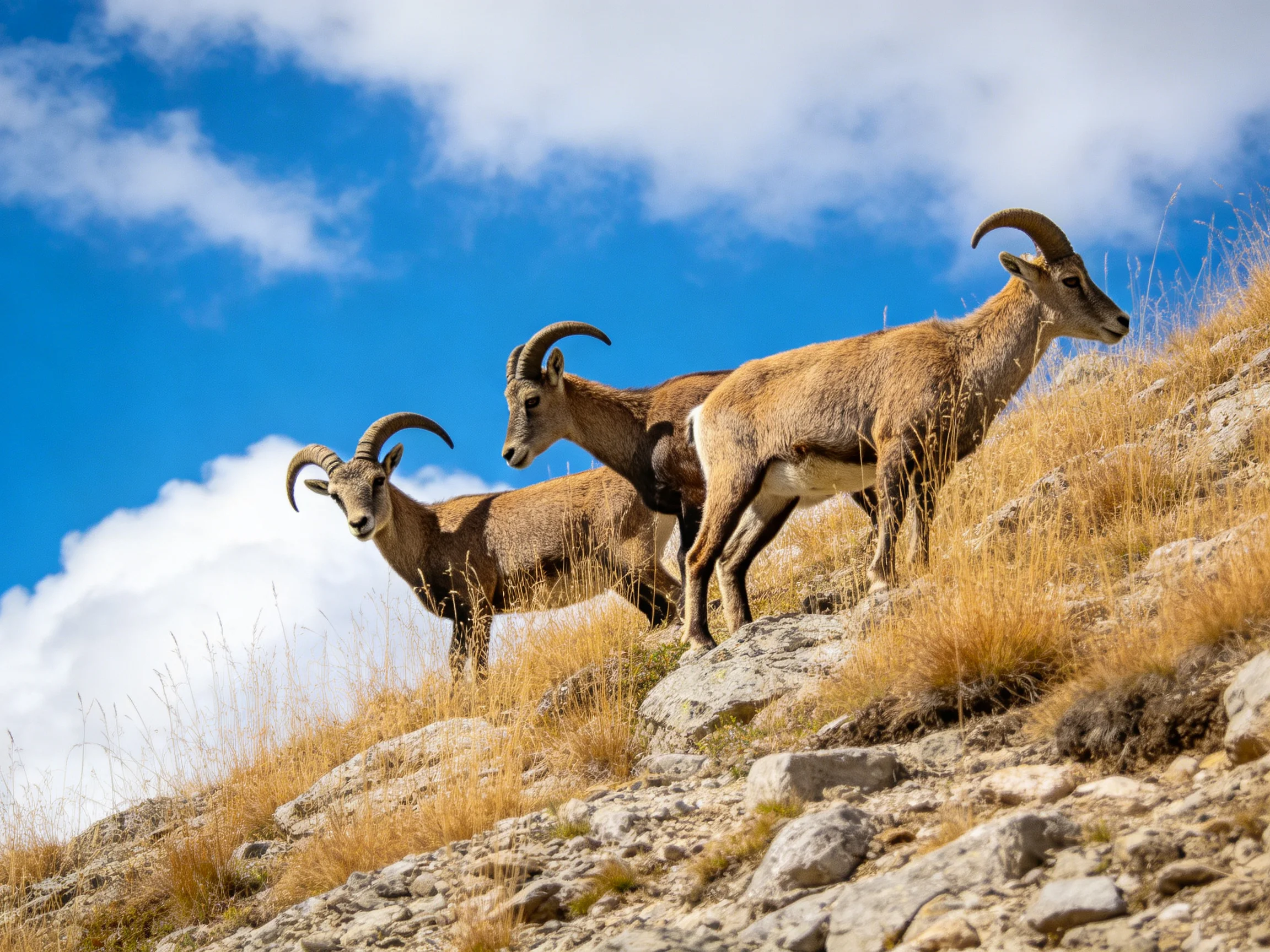 Three horned goats stand on a rocky hillside with golden grass under bright blue sky.