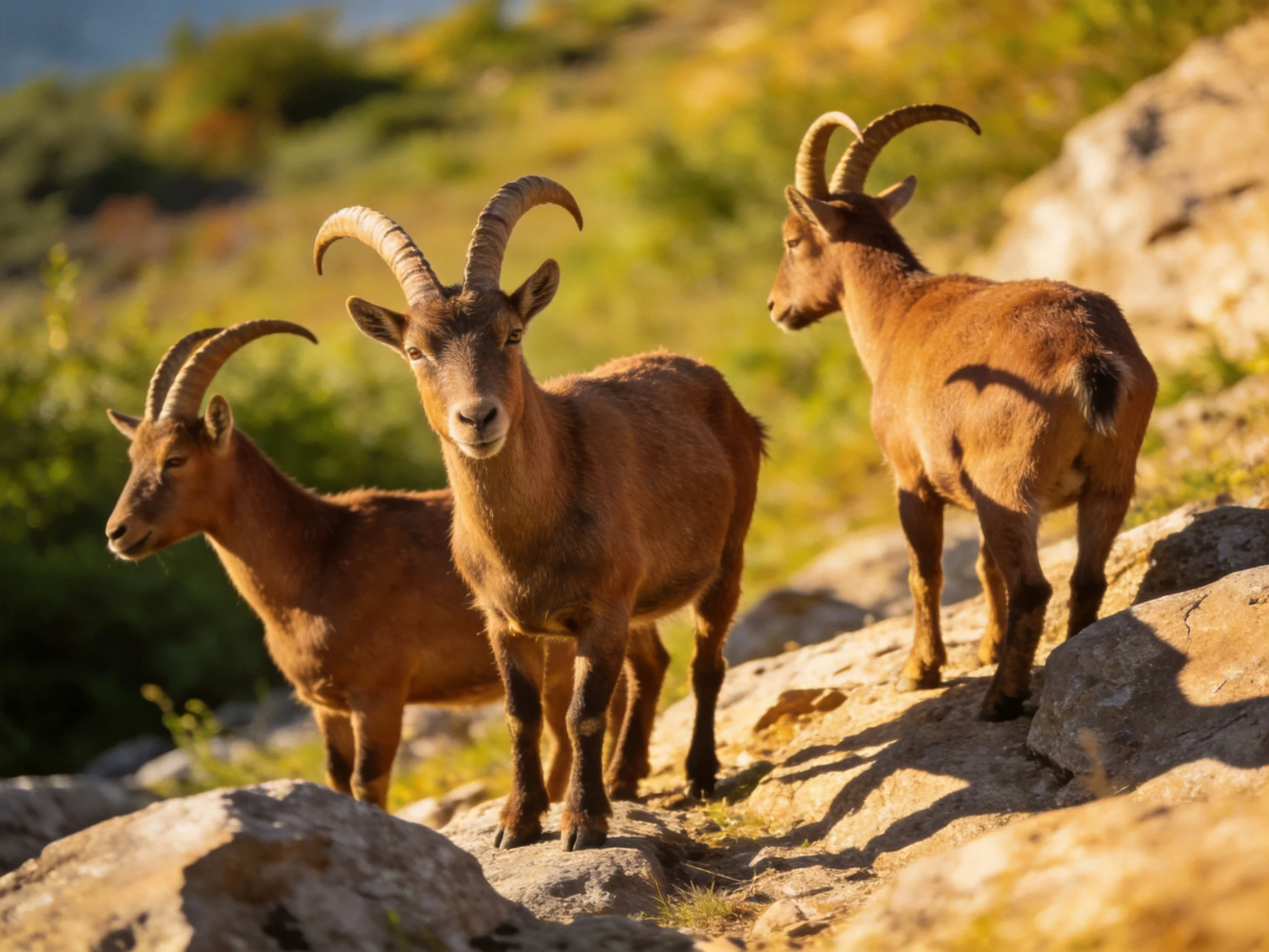 Three horned goats with brown coats on rocky hillside with greenery