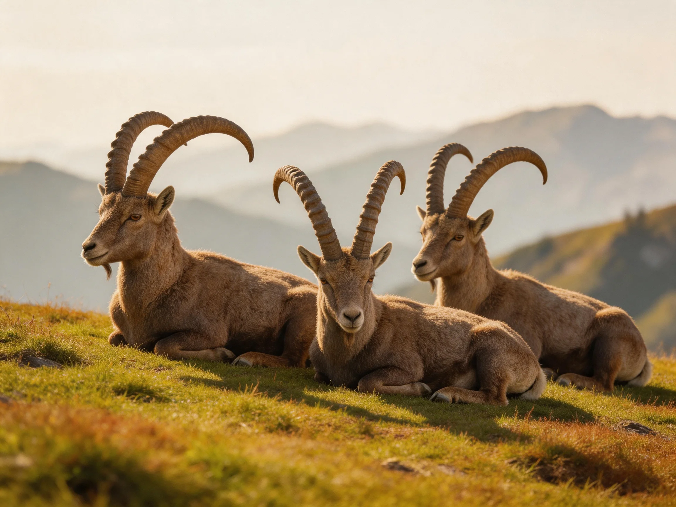 Three horned goats with curved horns rest on a sunlit grassy hillside near mountains