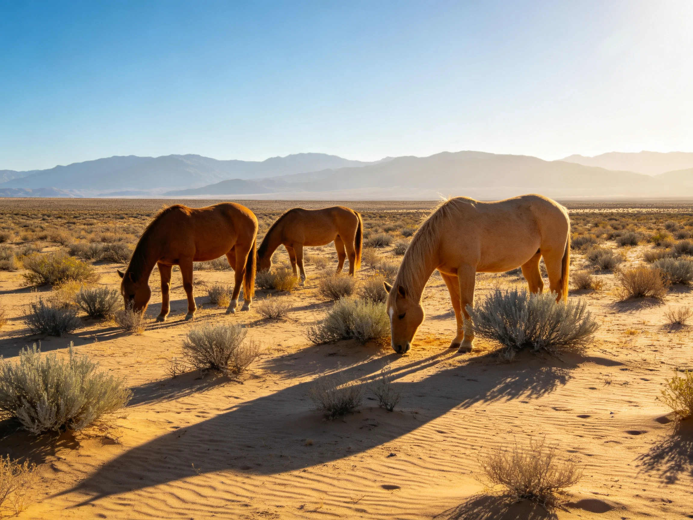Three horses graze in a golden desert landscape with distant mountains
