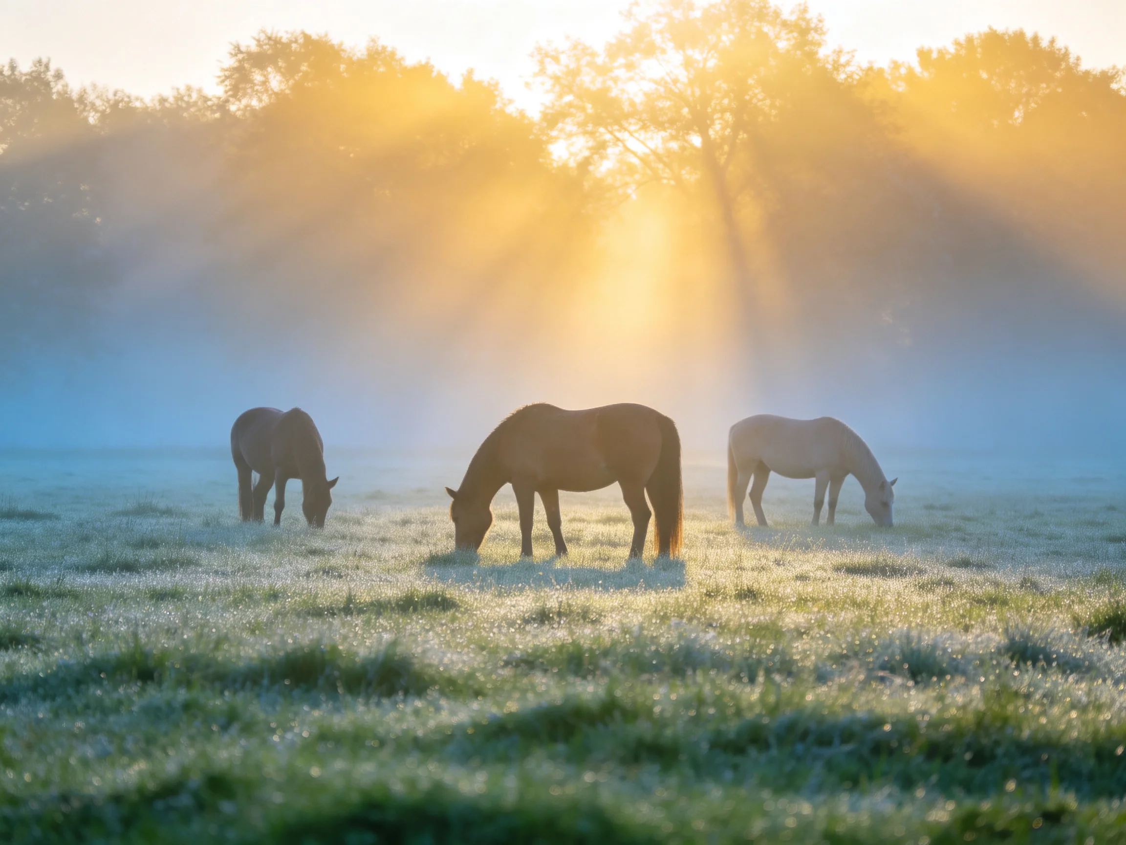 Three horses graze in a misty meadow bathed in golden morning light