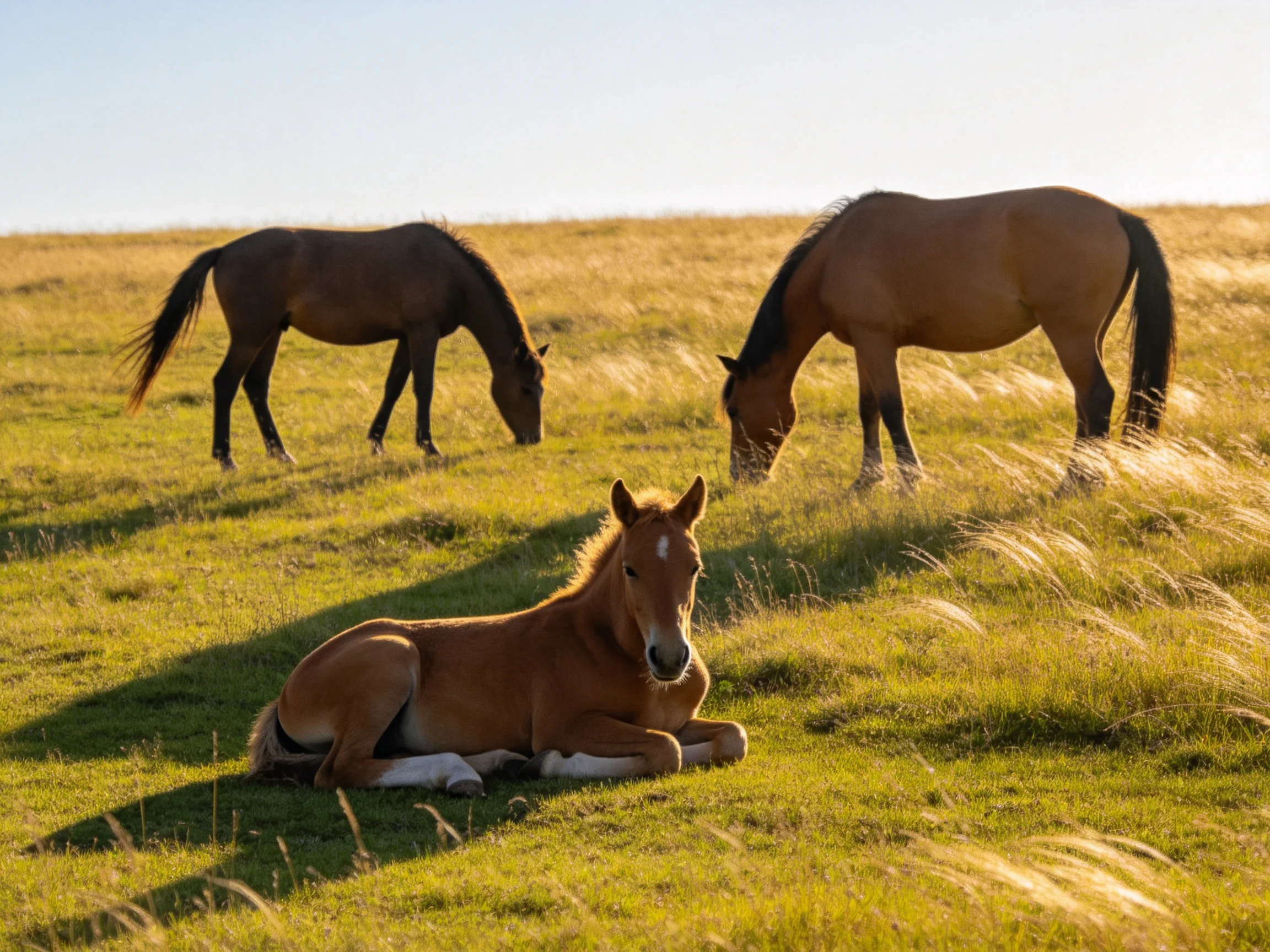 Three horses rest and graze in a sunlit meadow.