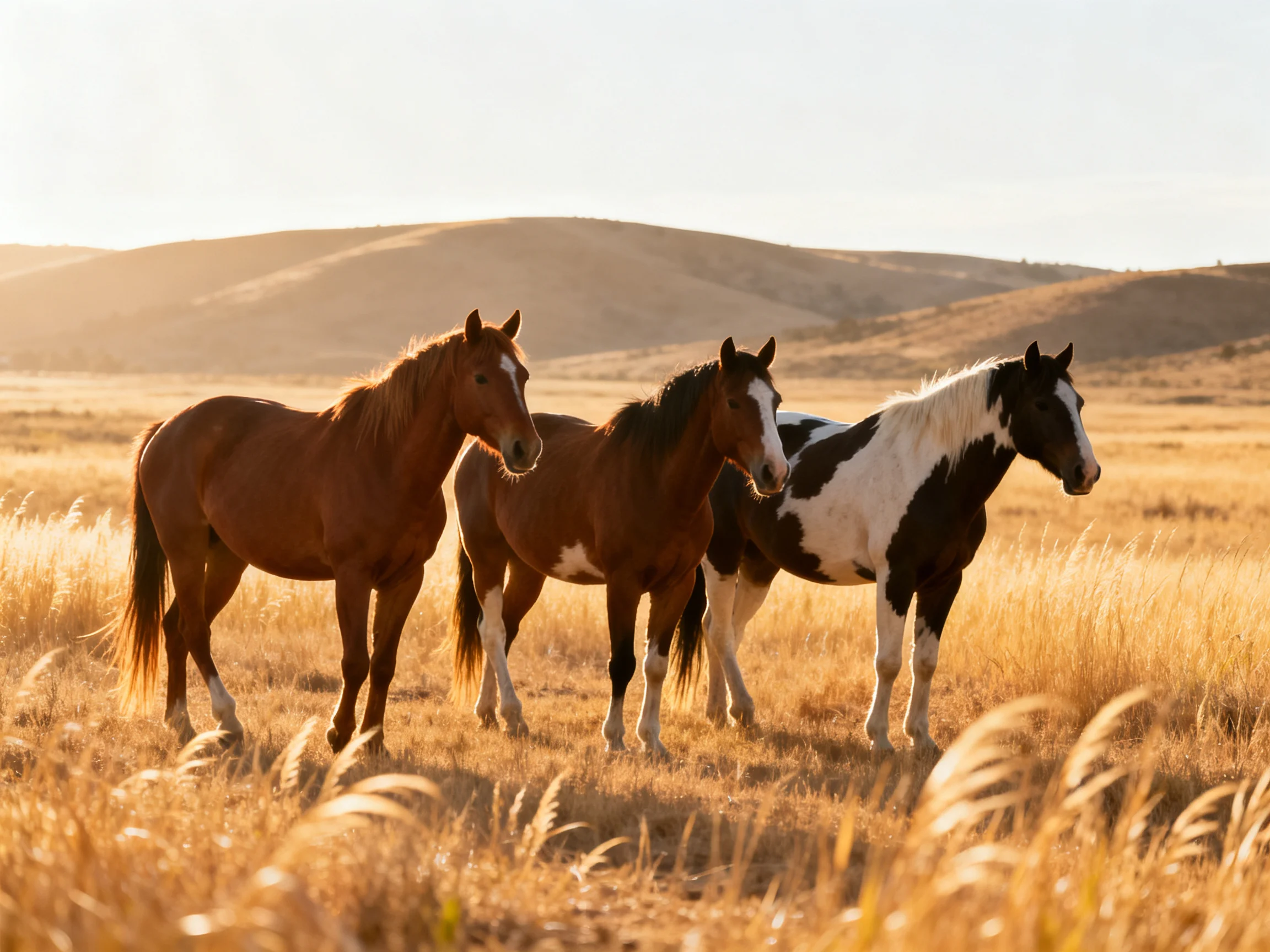 Three horses gather in a sunlit golden field with rolling hills in the background