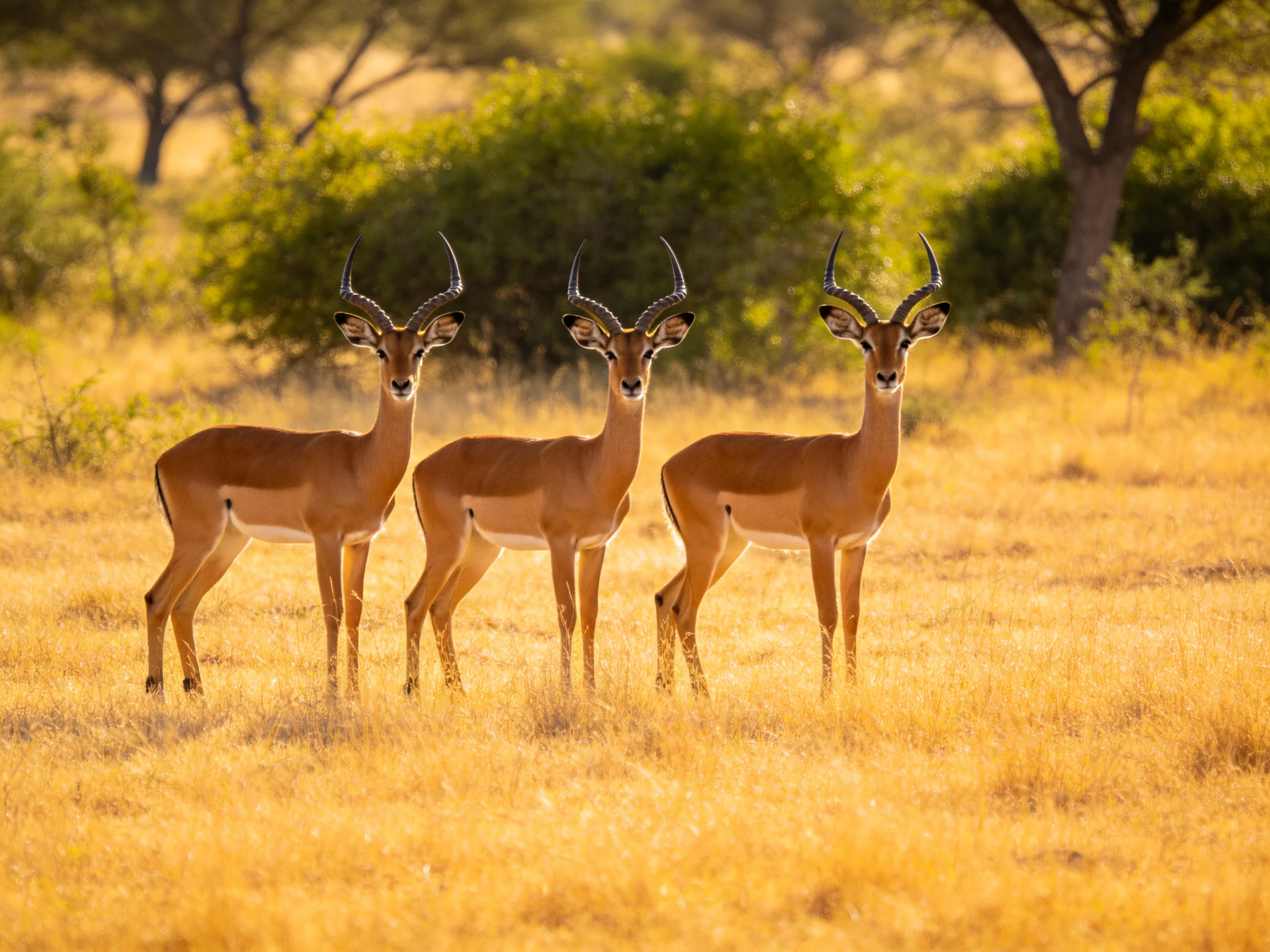 Three impalas stand together in a sunlit savannah landscape.