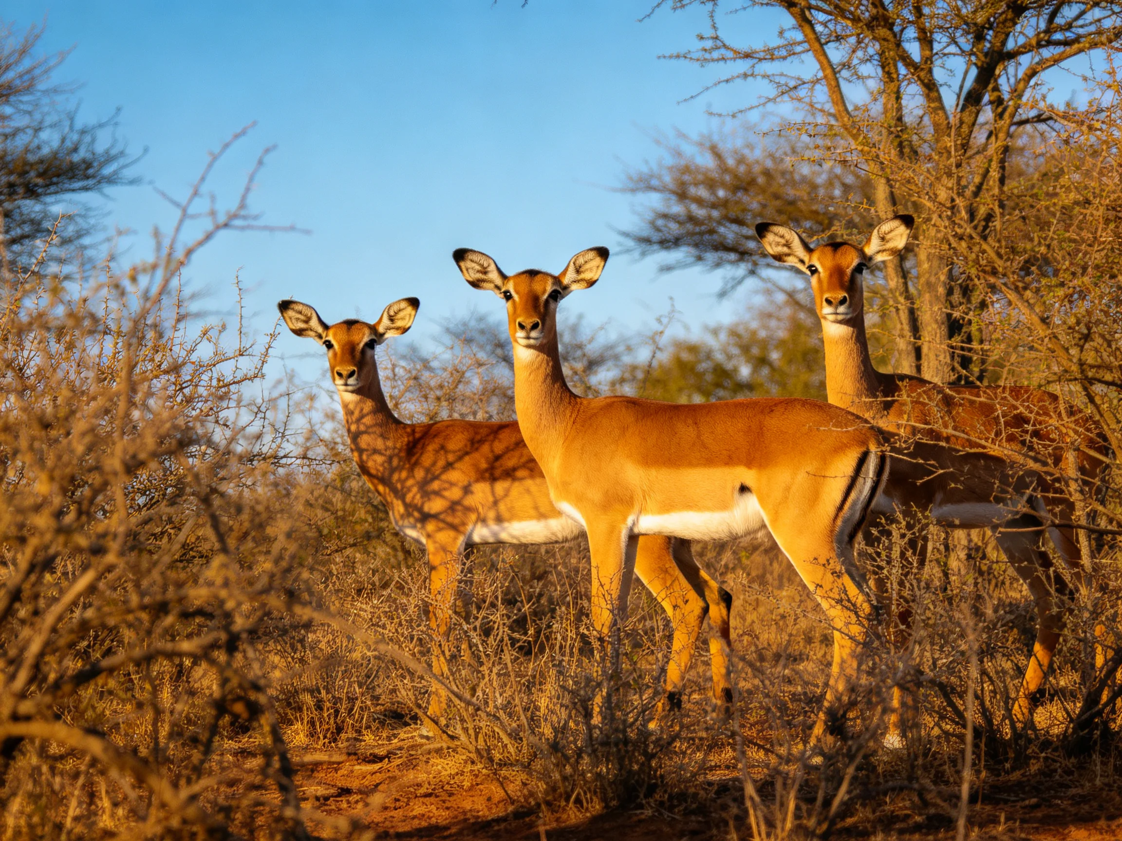 Three impalas stand alert in dry bushland near trees.
