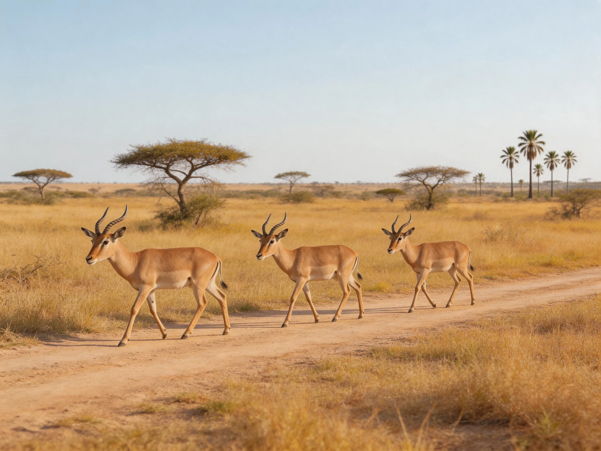 Three impelopes traverse a dusty savannah path amid golden grasses
