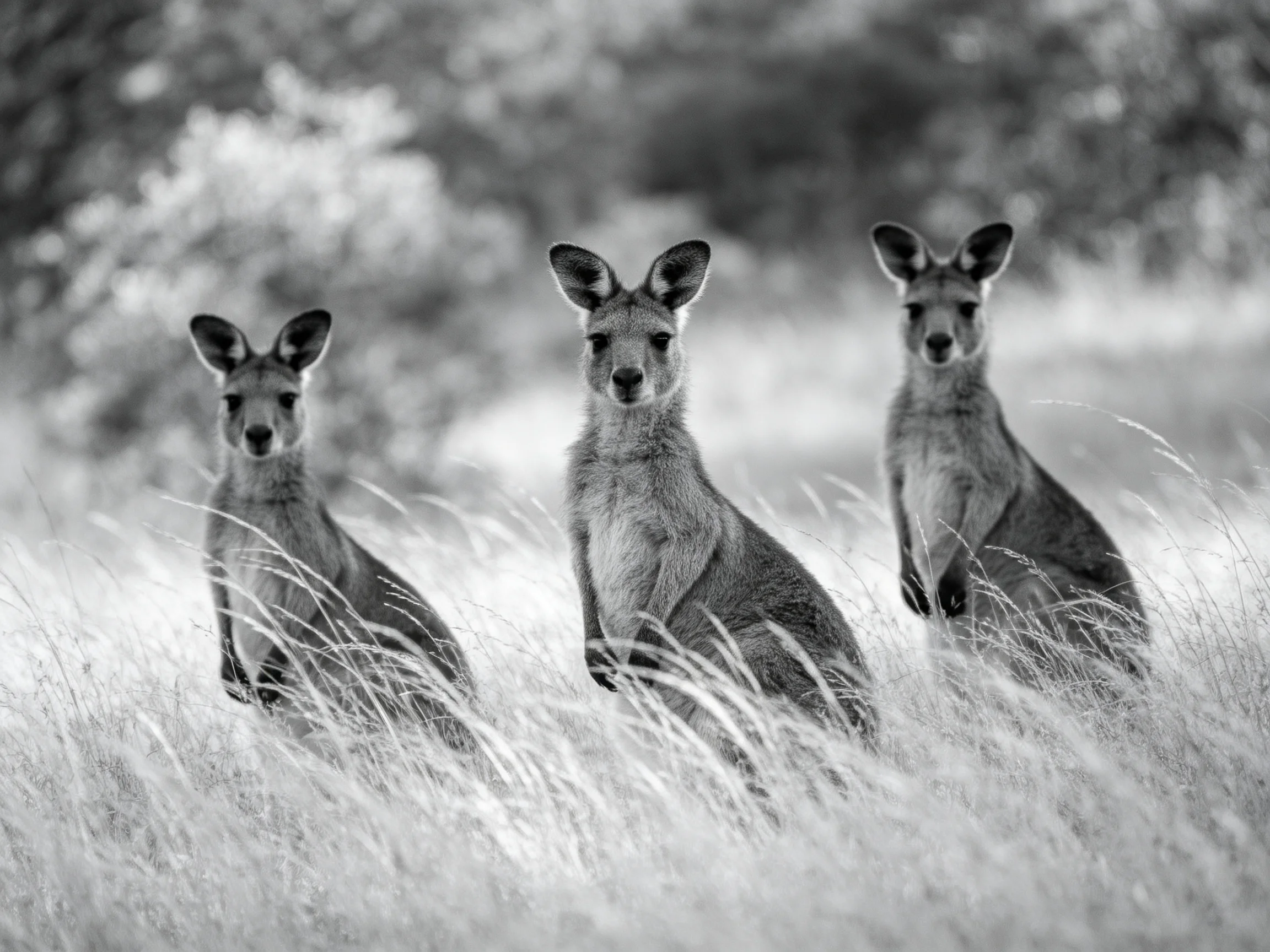 Three kangaroos in a grassy field with blurred foliage
