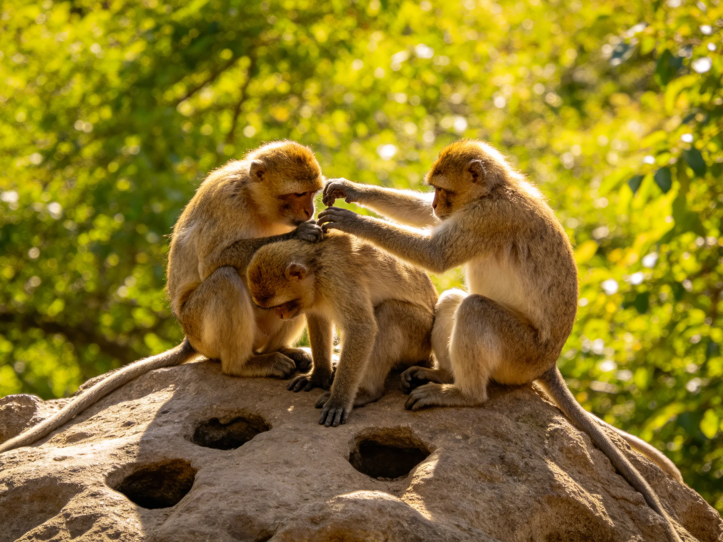 Three light brown monkeys grooming on a rocky outcrop with green foliage