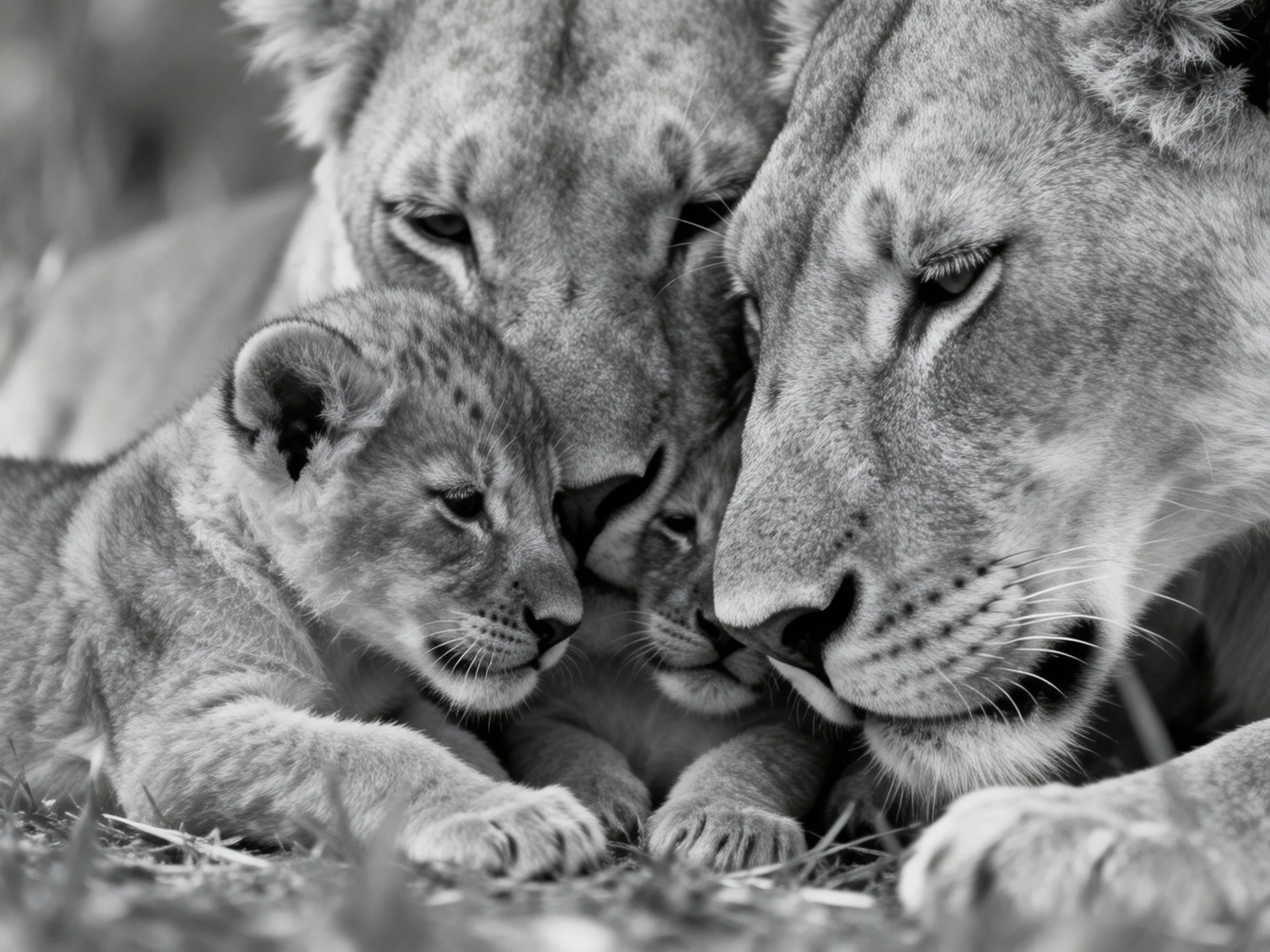Three lions—an adult pair and a cub—snuggle together in a monochrome scene