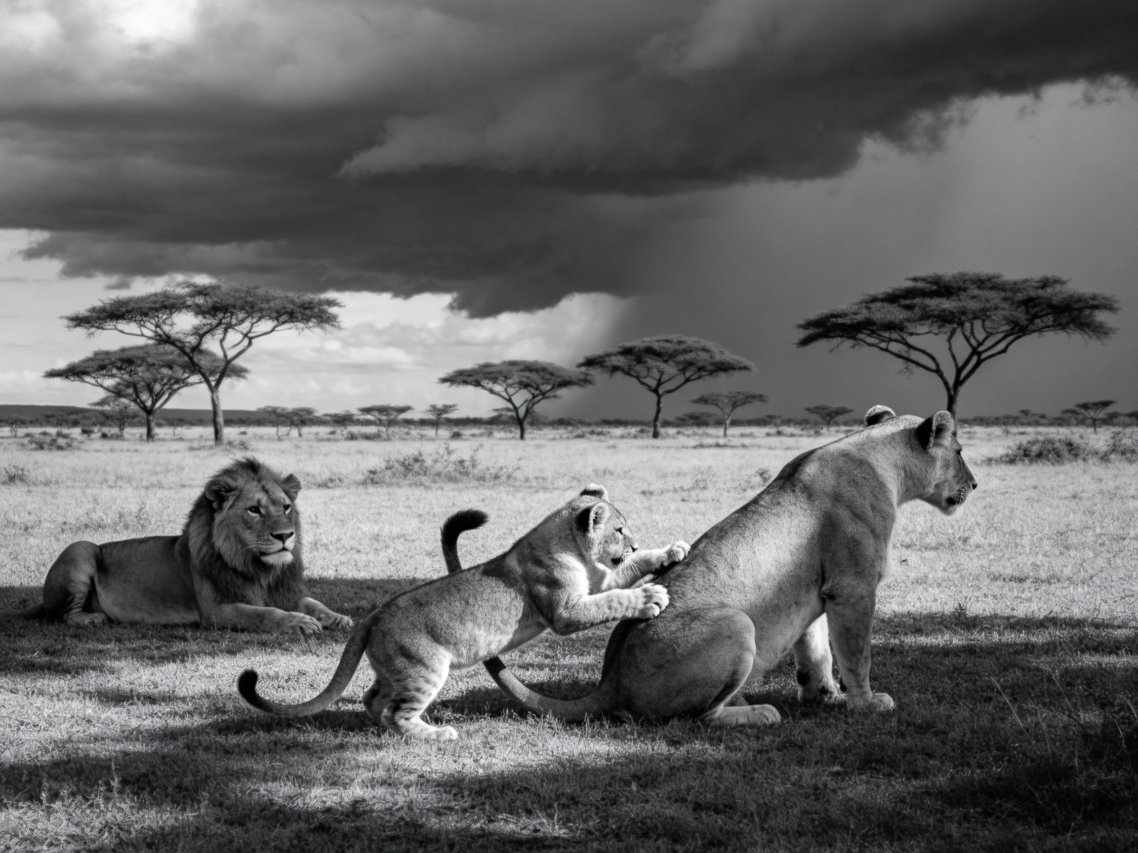 Three lions, including a cub, in a dramatic savannah under stormy skies