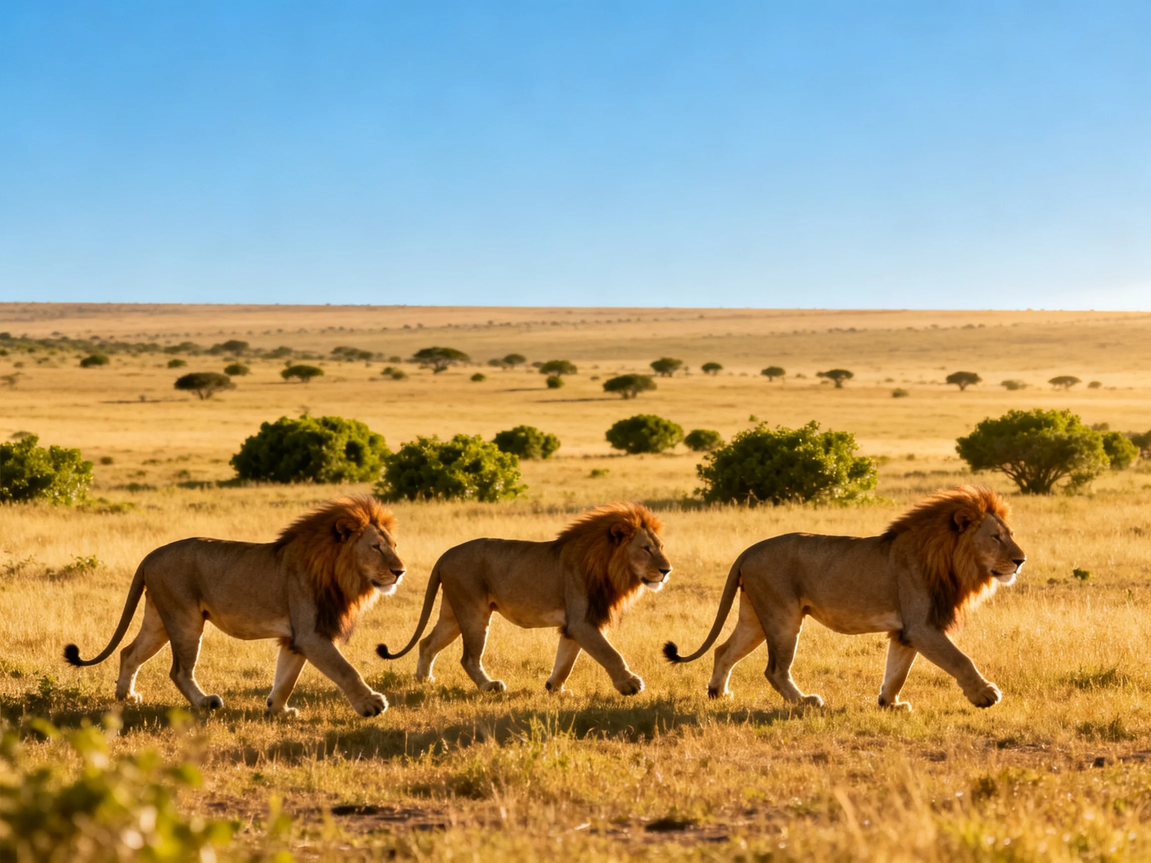 Three lions march across agolden savannah under clear blue skies