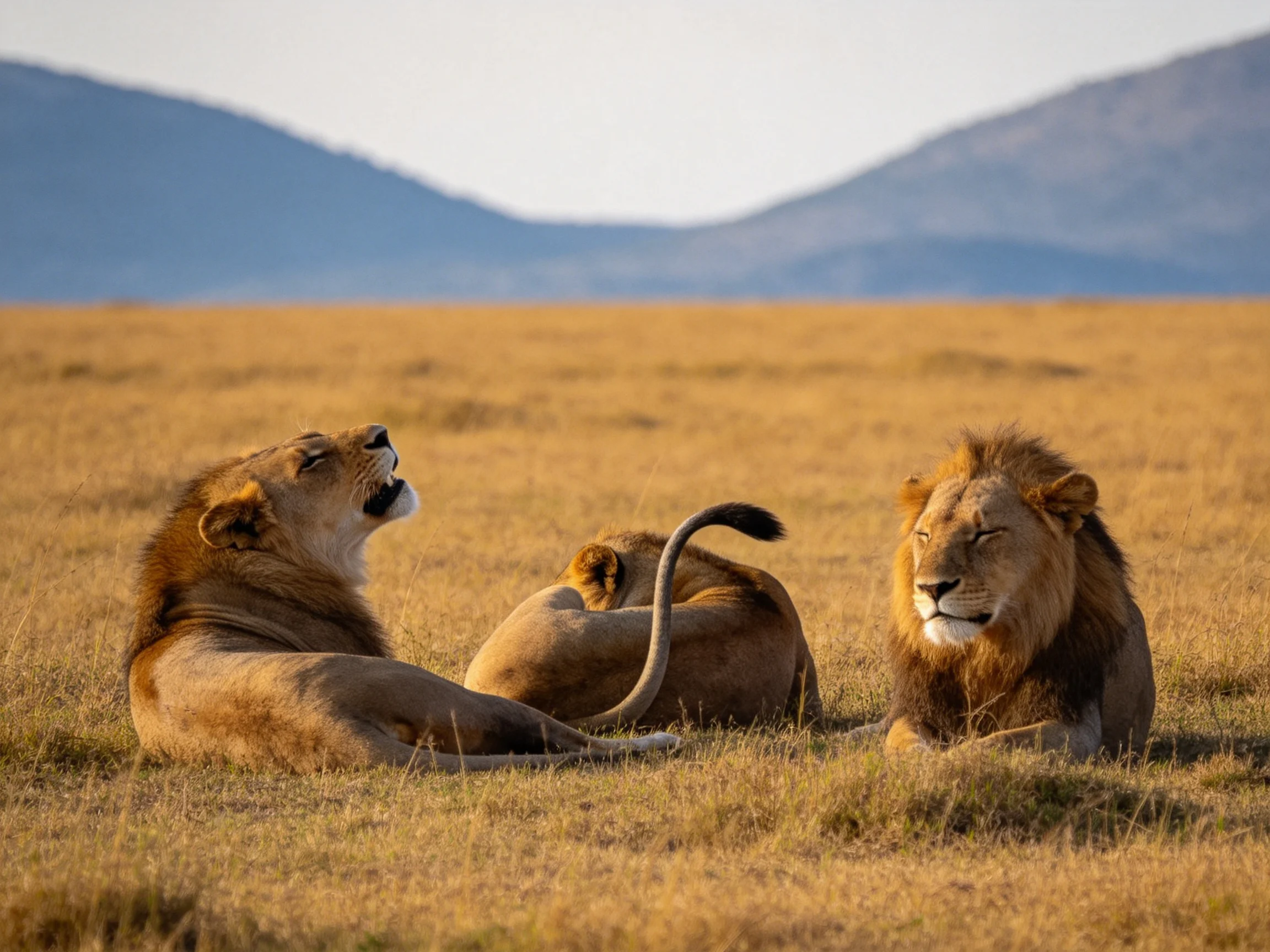 Three lions rest on golden savannah near blue mountains