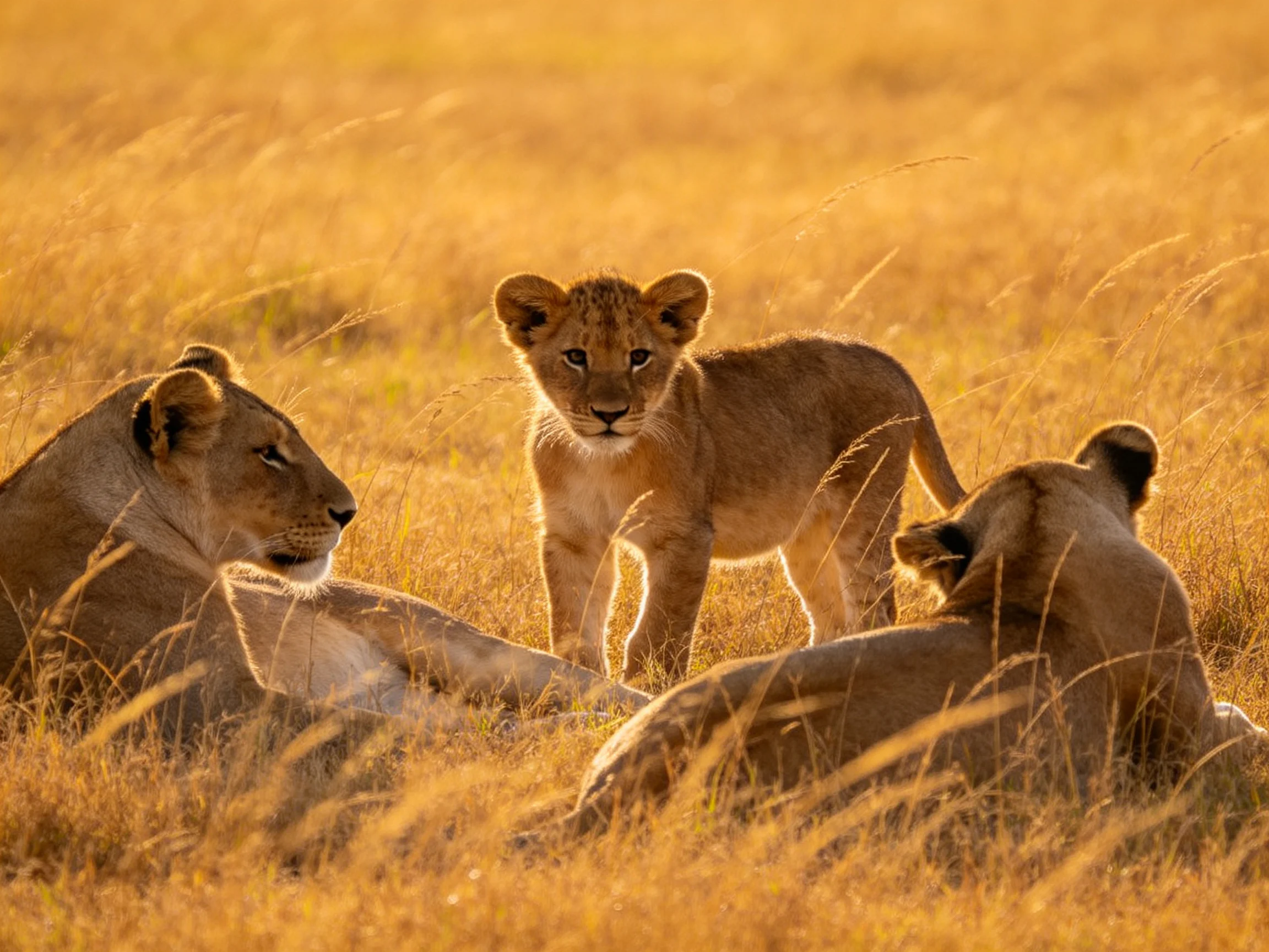 Three lions, two adults and one cub, in a golden savannah