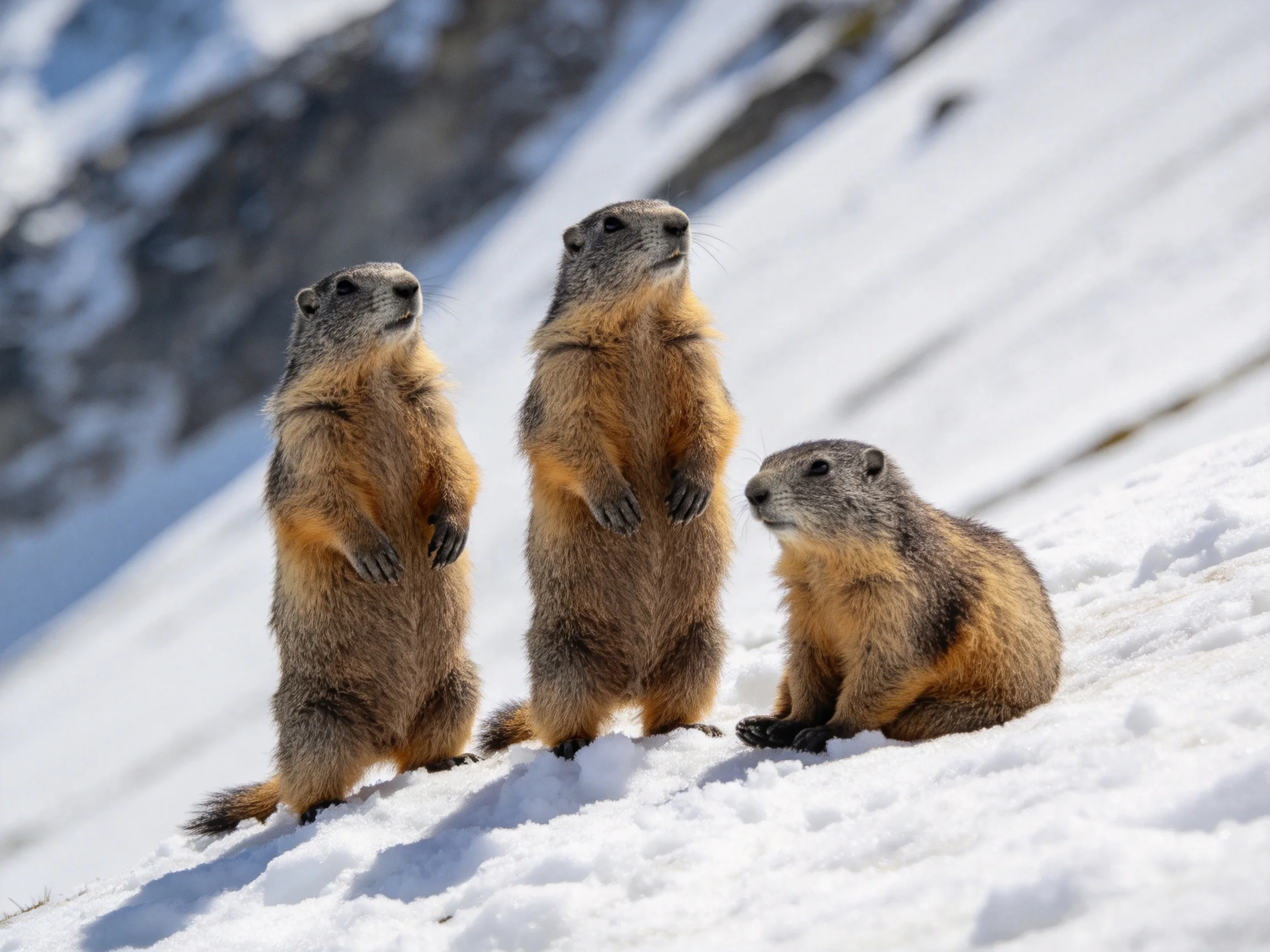 Three marmots with brown and gray fur on snowy terrain