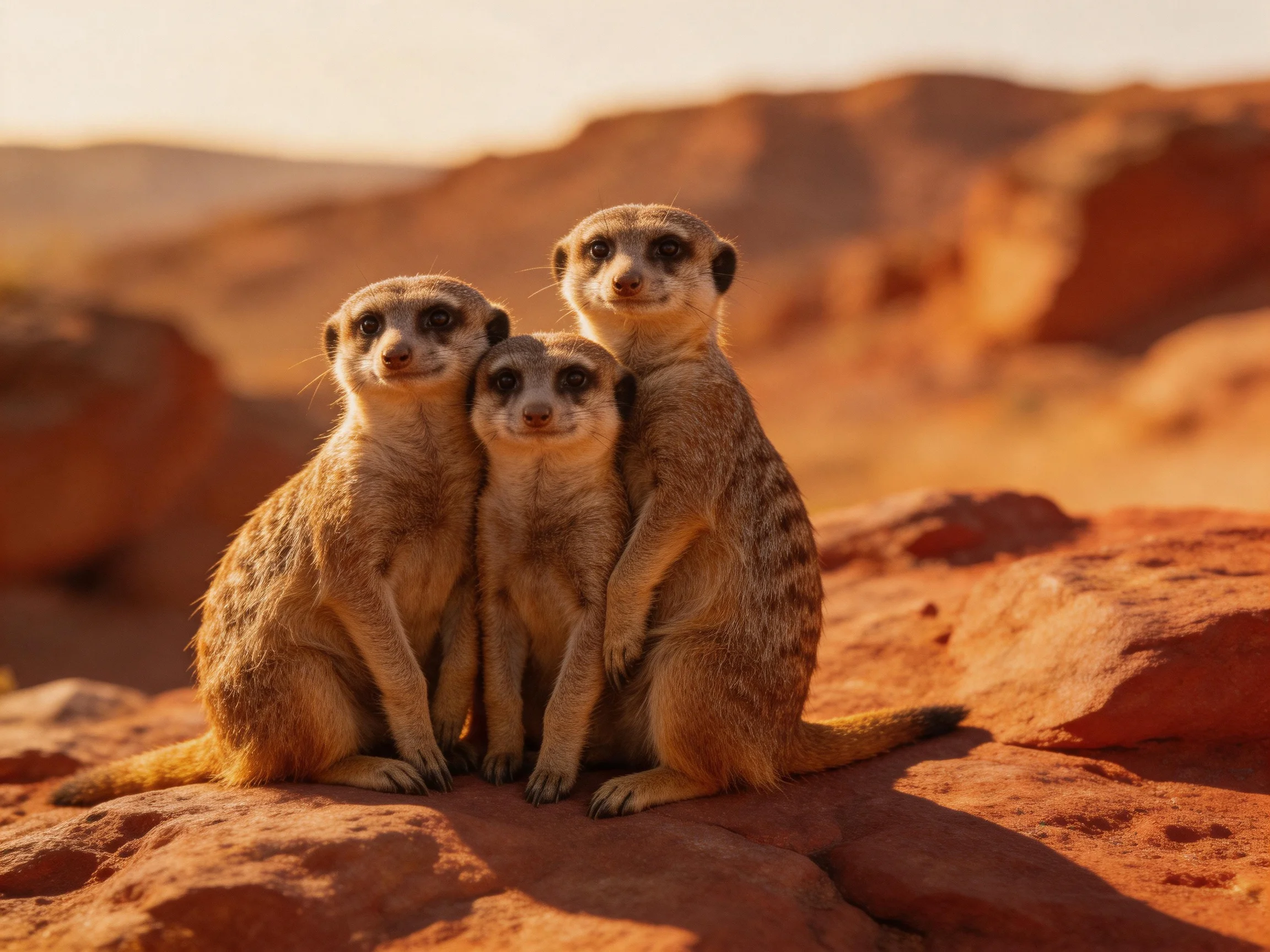Three meerkats huddle on reddish rocky terrain under warm light