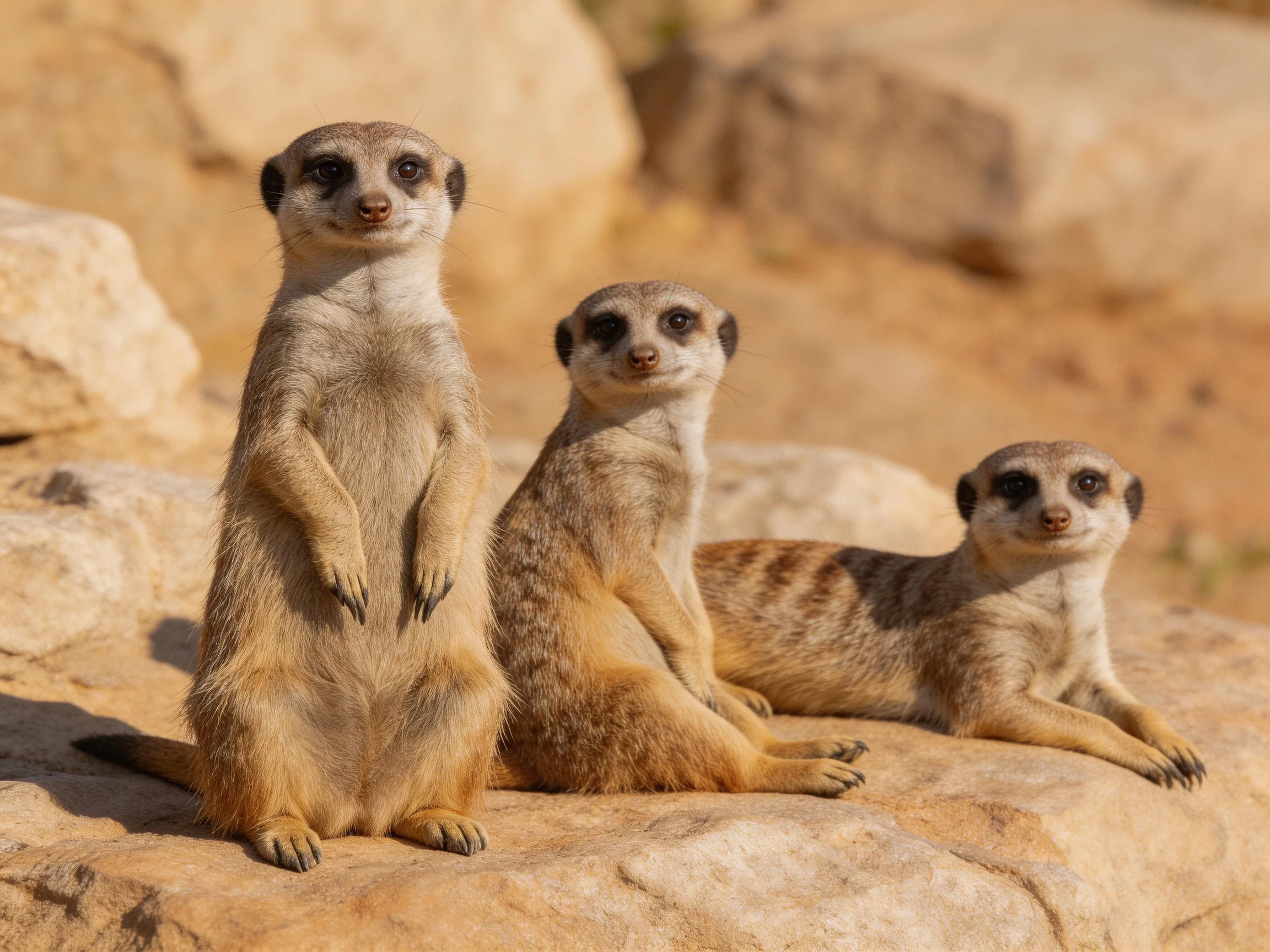 Three meerkats rest on sun-warmed rocks in rocky terrain