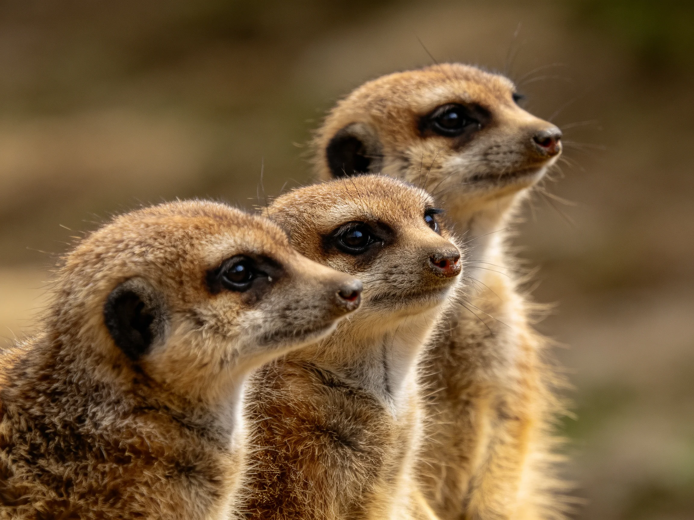 Three meerkats with brown and tan fur stand closely together outdoors.
