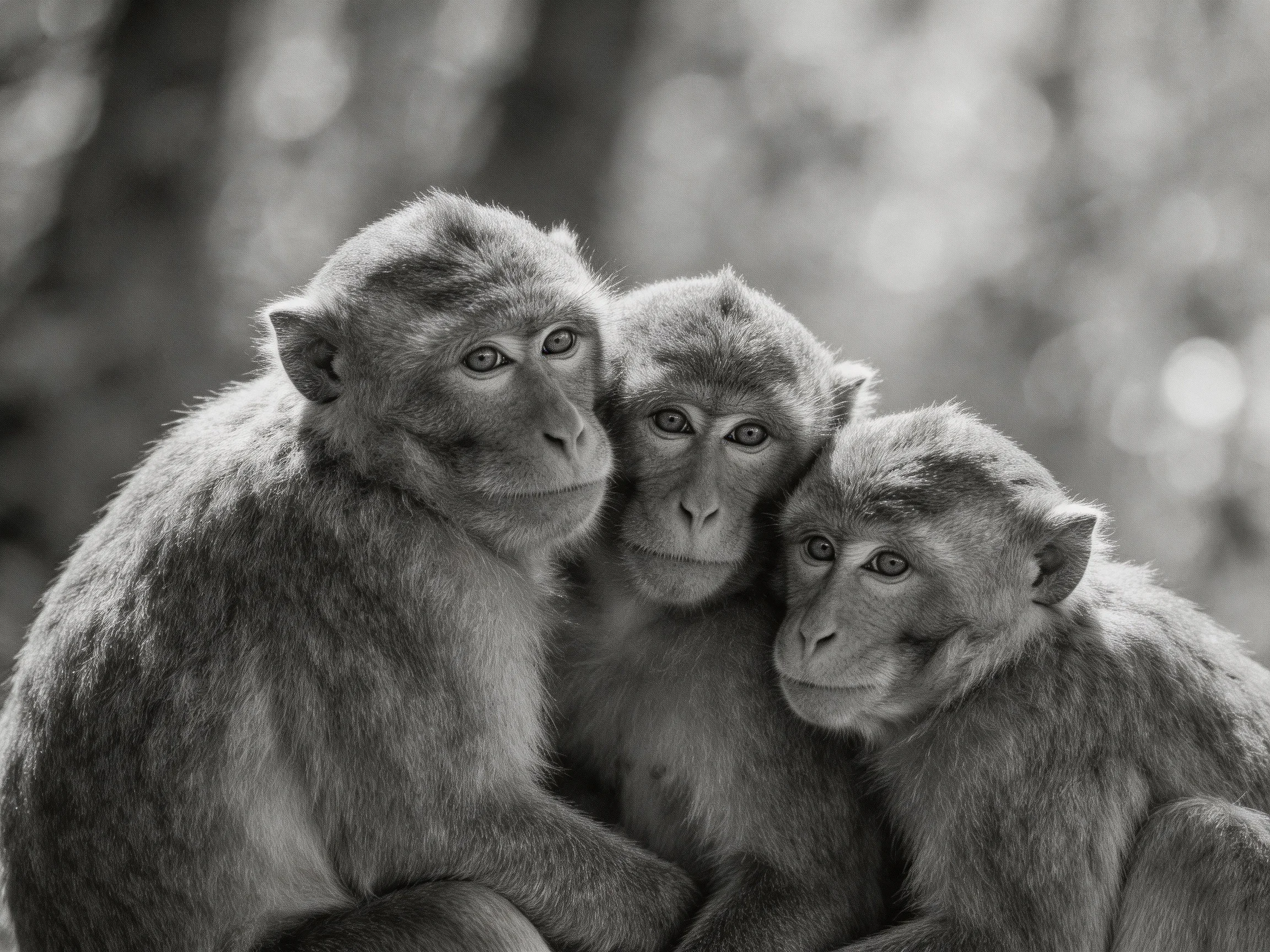 Three monkeys huddle closely together in a softly blurred natural setting