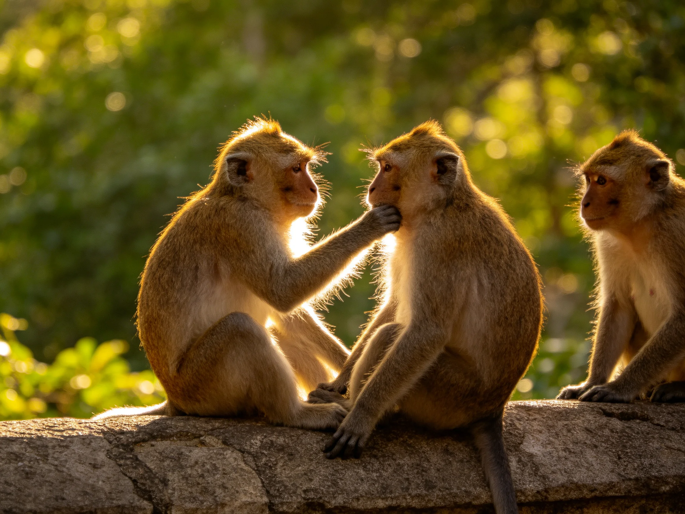 Three monkeys interacting on a stone ledge surrounded by lush green foliage