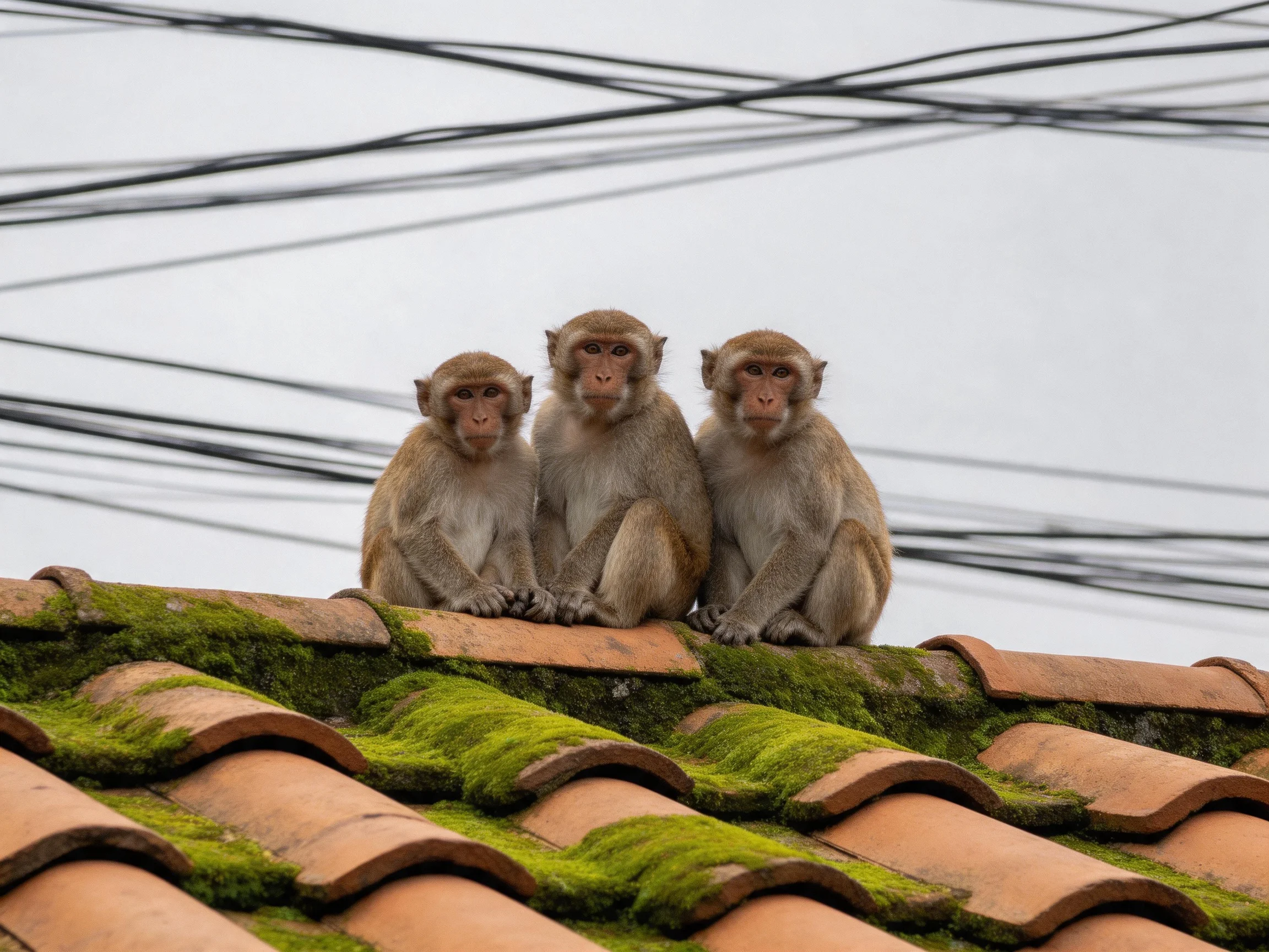 Three monkeys sit on a mossy terracotta roof near tangled wires