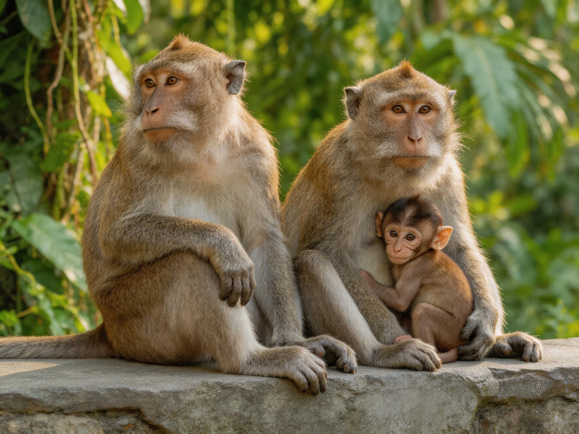 Three monkeys sit on a stone ledge near green foliage