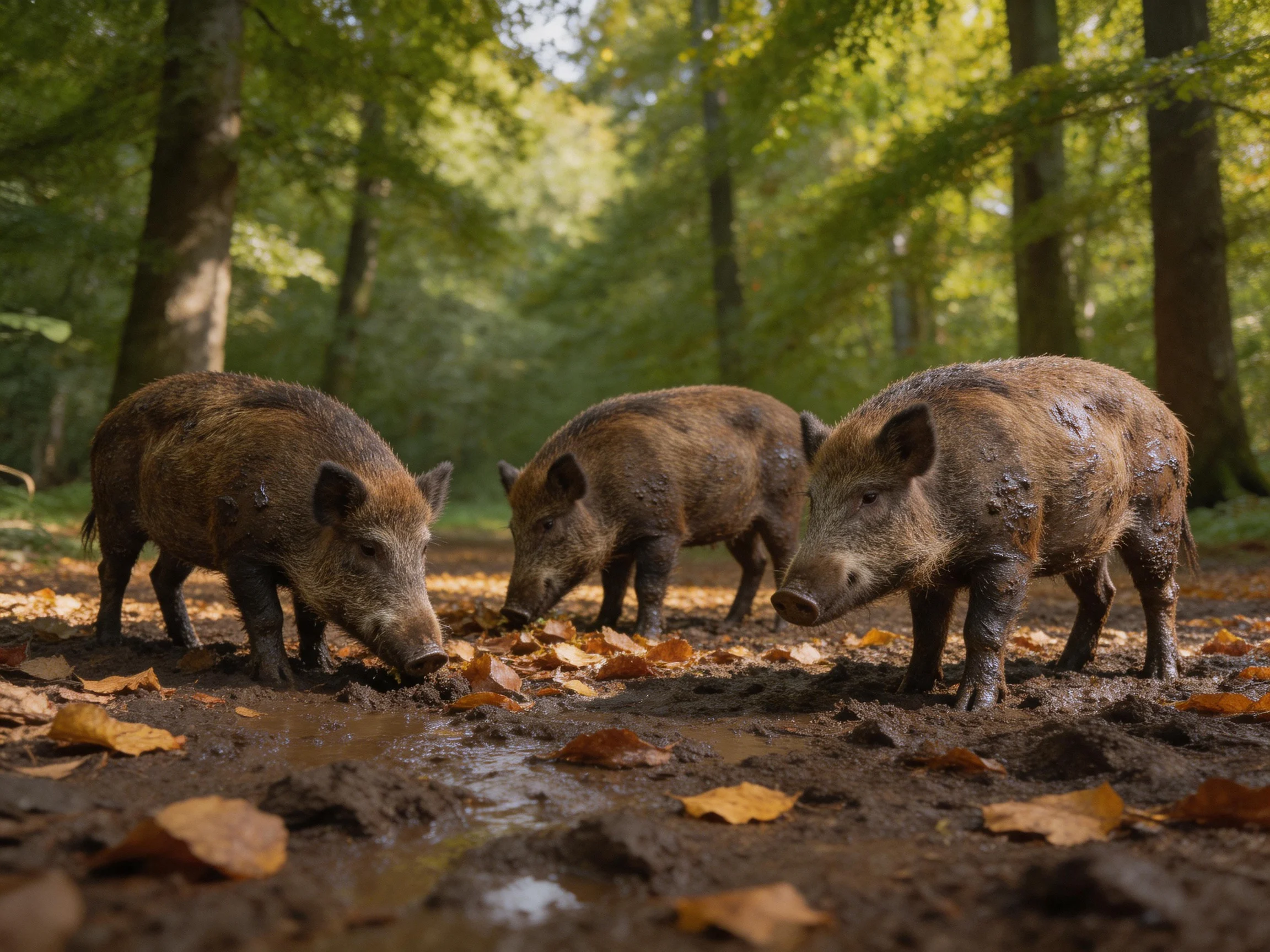 Three muddy wild boars foraging in an autumn forest clearing