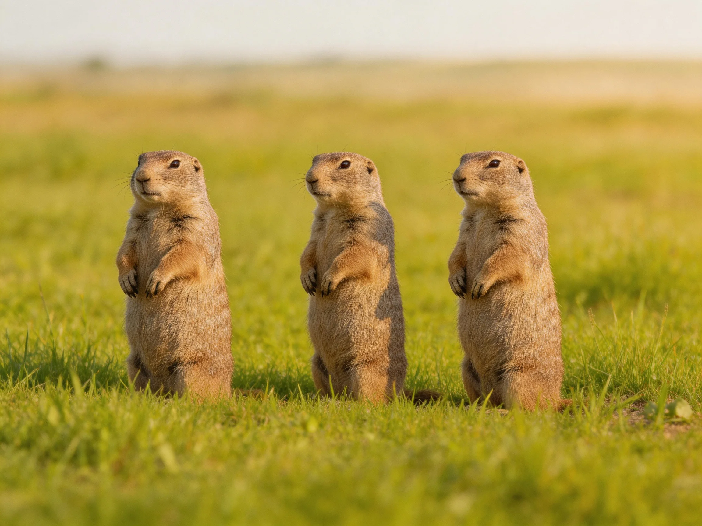 Three prairie dogs stand upright in lush green grassland