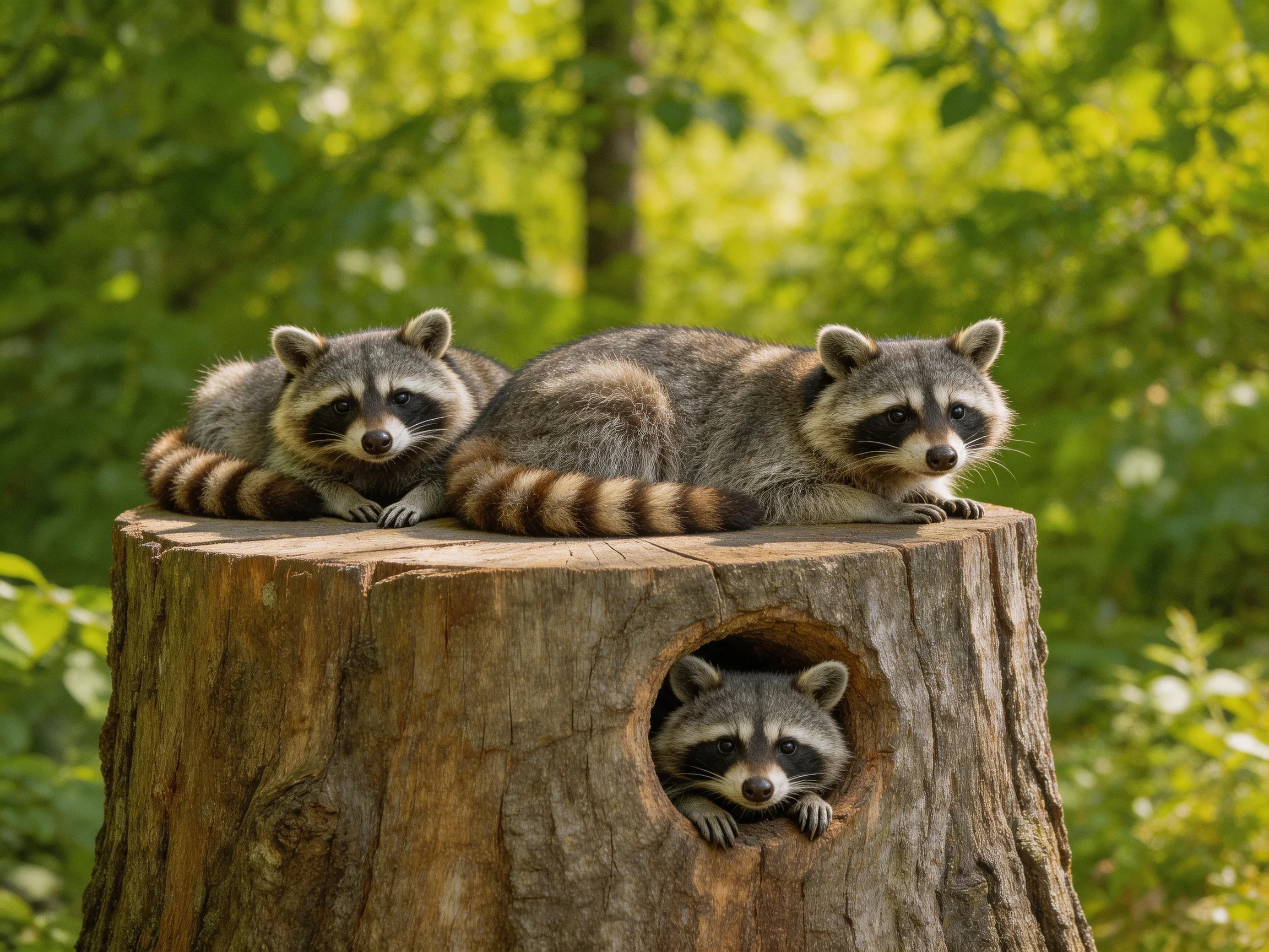 Three raccoons rest on a weathered tree stump in a sunlit forest