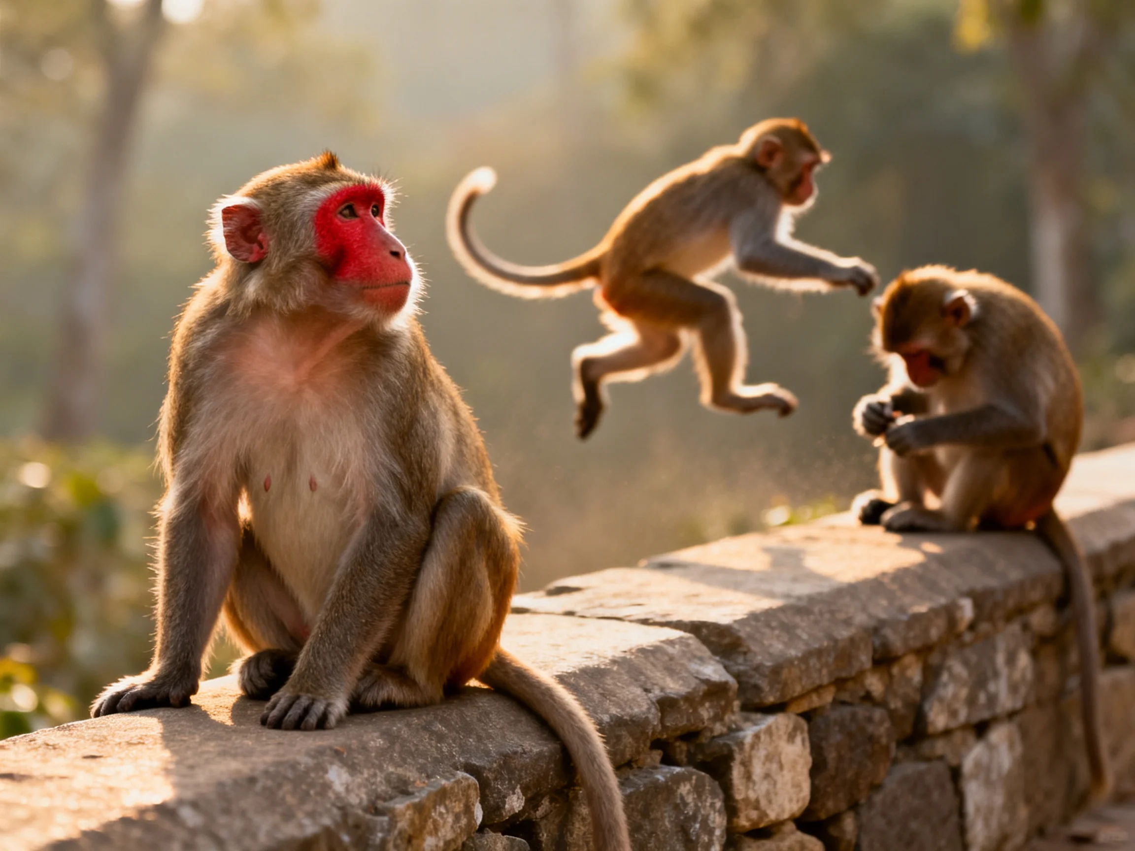 Three monkeys display varied actions on a stone structure outside.