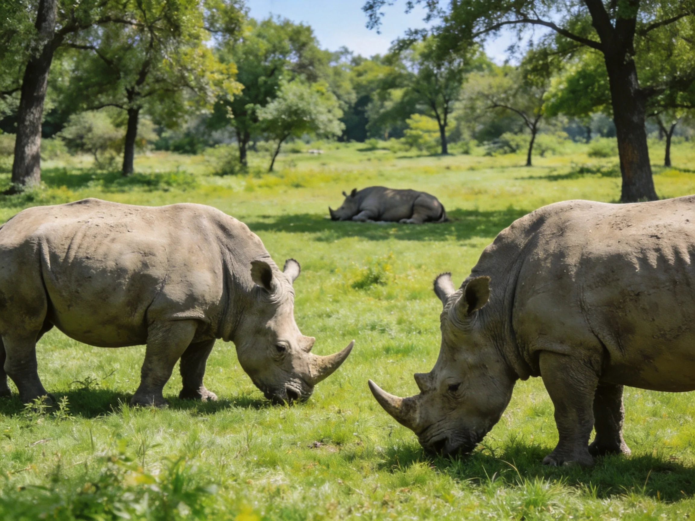 Three rhinos in a grassy area, two grazing and one resting, with trees nearby.