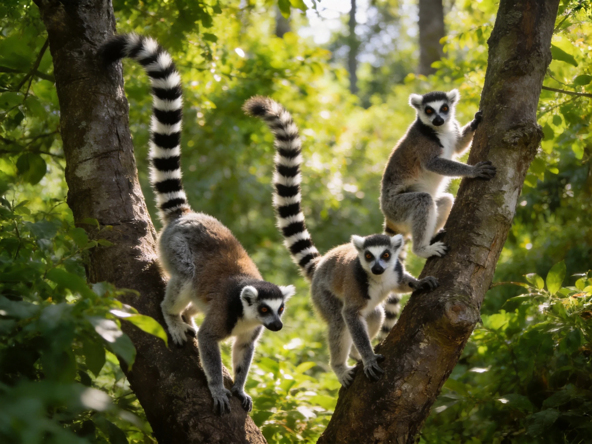 Three ring-tailed lemurs climb thick-trunked trees in lush green foliage